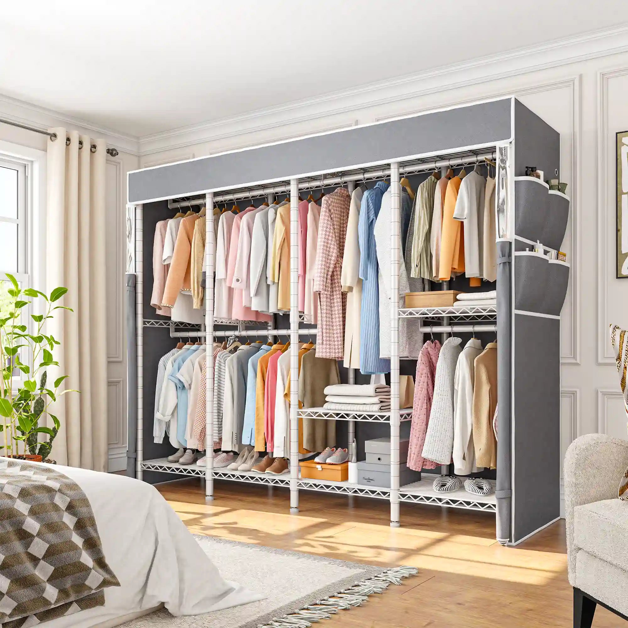 76"W Heavy Duty Clothes Rack with Cover,1150LBS Wardrobe Closet,Adjustable Portable Closet for Bedroom