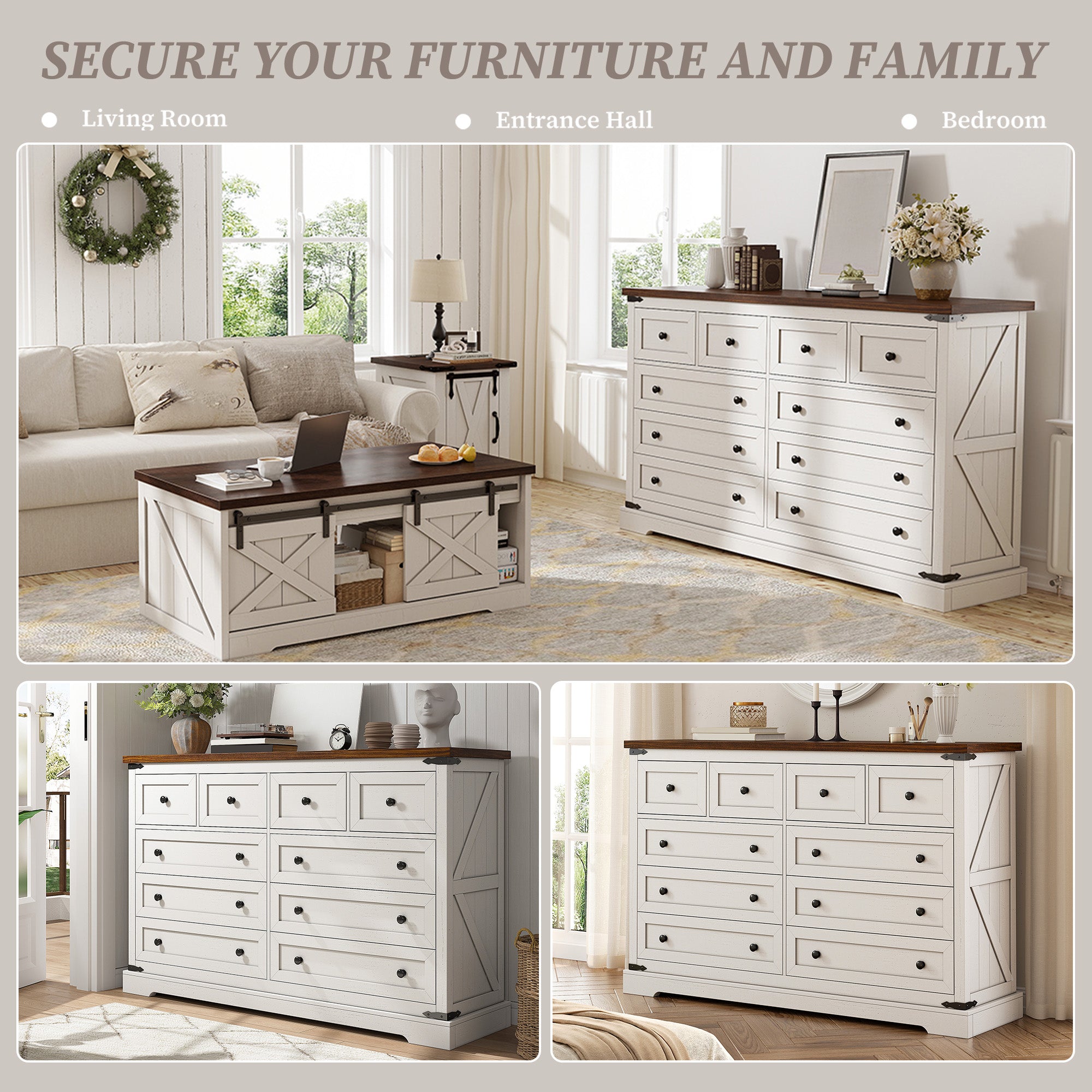 10-Drawer Farmhouse Dresser with Metal Rails - 55" Wide Bedroom Storage & TV Stand, 36"H x 15"D-White-snhomee