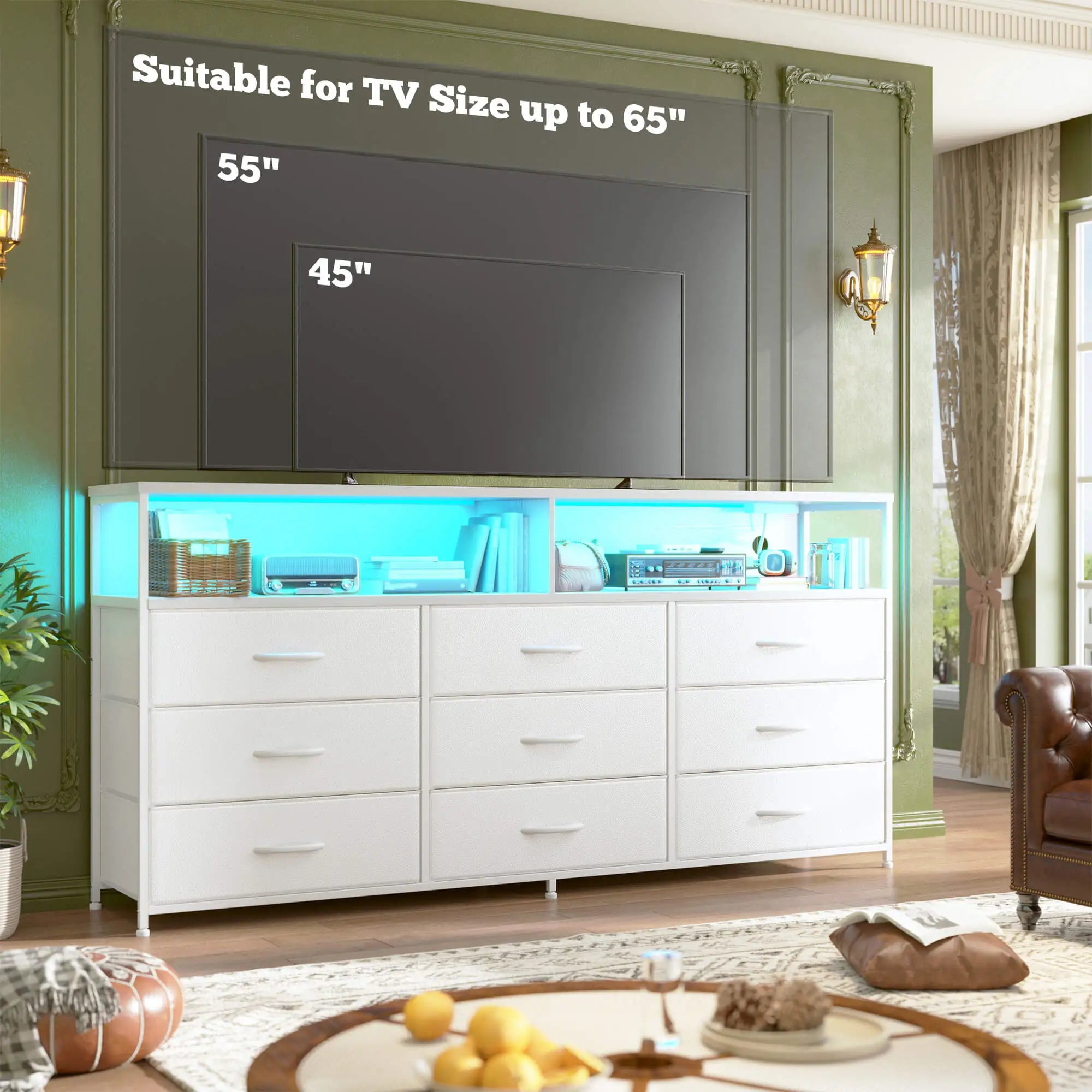 Snhomee Dresser TV Stand with 9 Drawers & Charging Station– 55" Wide Media Console LED lights & Wood Shelves for Bedroom, Living Room, or Dorm