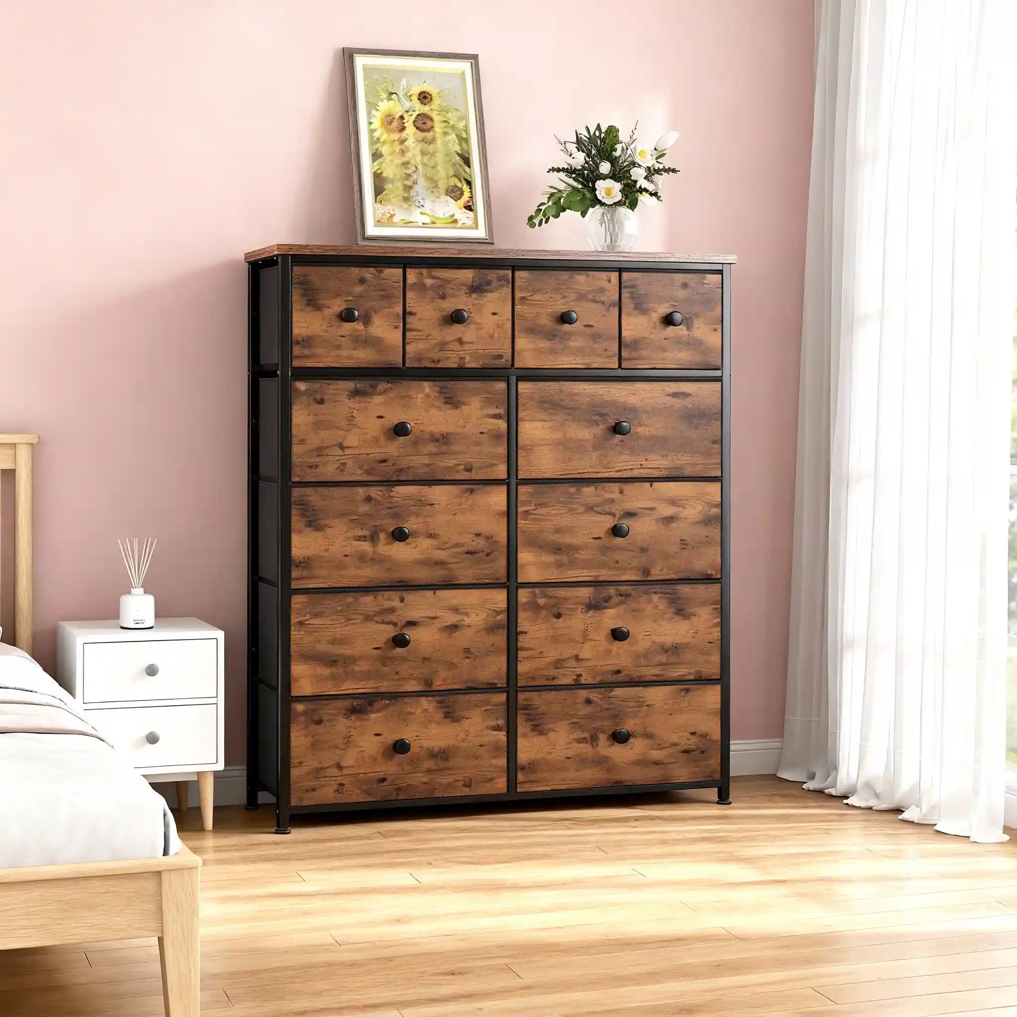 brown tall dresser Snhomee Tall Dresser with Drawers,Fabric & Metal Storage Organizer with Wood Top,Space-Saving,Closet, Entryway Furniture for Bedroom Black