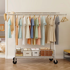 625lb Heavy Duty Commercial Clothing Rack - Rolling Steel Garment Rack with Shelves-Home Storage > Clothes Rack-(64-70)" H x (42.2-65.4)" W x 23" D-snhomee