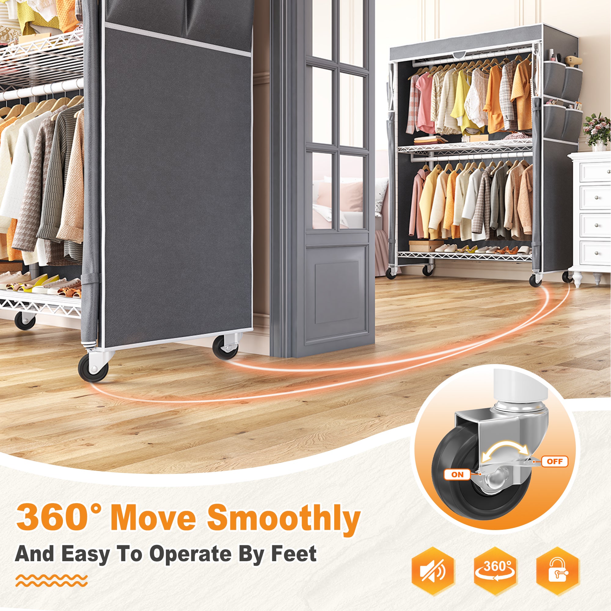 Snhomee 440LBS Heavy Duty Clothing Rack with Wheels,Cloth Rack with Cover,Dorm Room Garment Rack,Space-Saving‌ Dorm Essential‌
