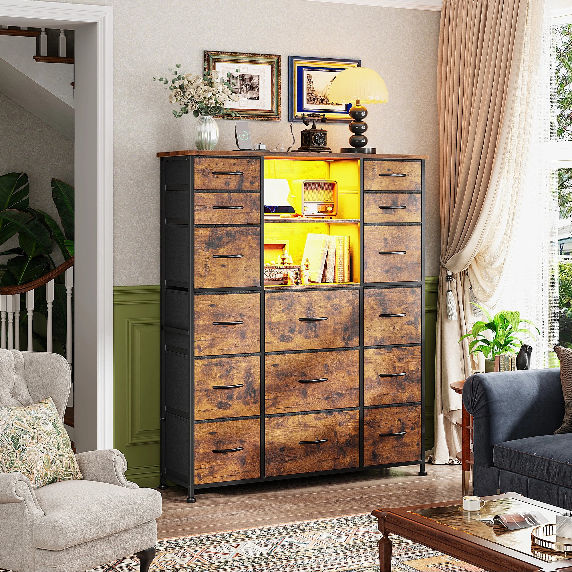 15-Drawer Smart Dresser with Charging Station & LED Lights - 51" Tall Fabric Storage Organizer, Steel Frame, Wood Shelves | No Assembly Hassle, Anti-Tip Safety, for Bedroom, Closet, Hallway