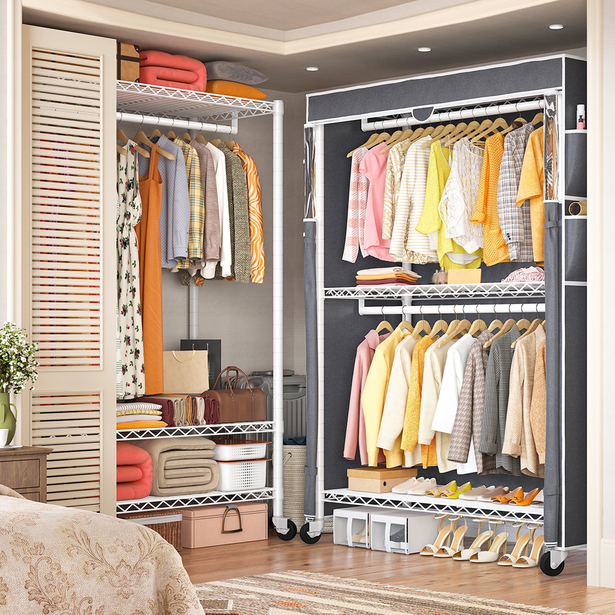 Snhomee 440LBS Heavy Duty Clothing Rack with Wheels,Cloth Rack with Cover,Dorm Room Garment Rack,Space-Saving‌ Dorm Essential‌