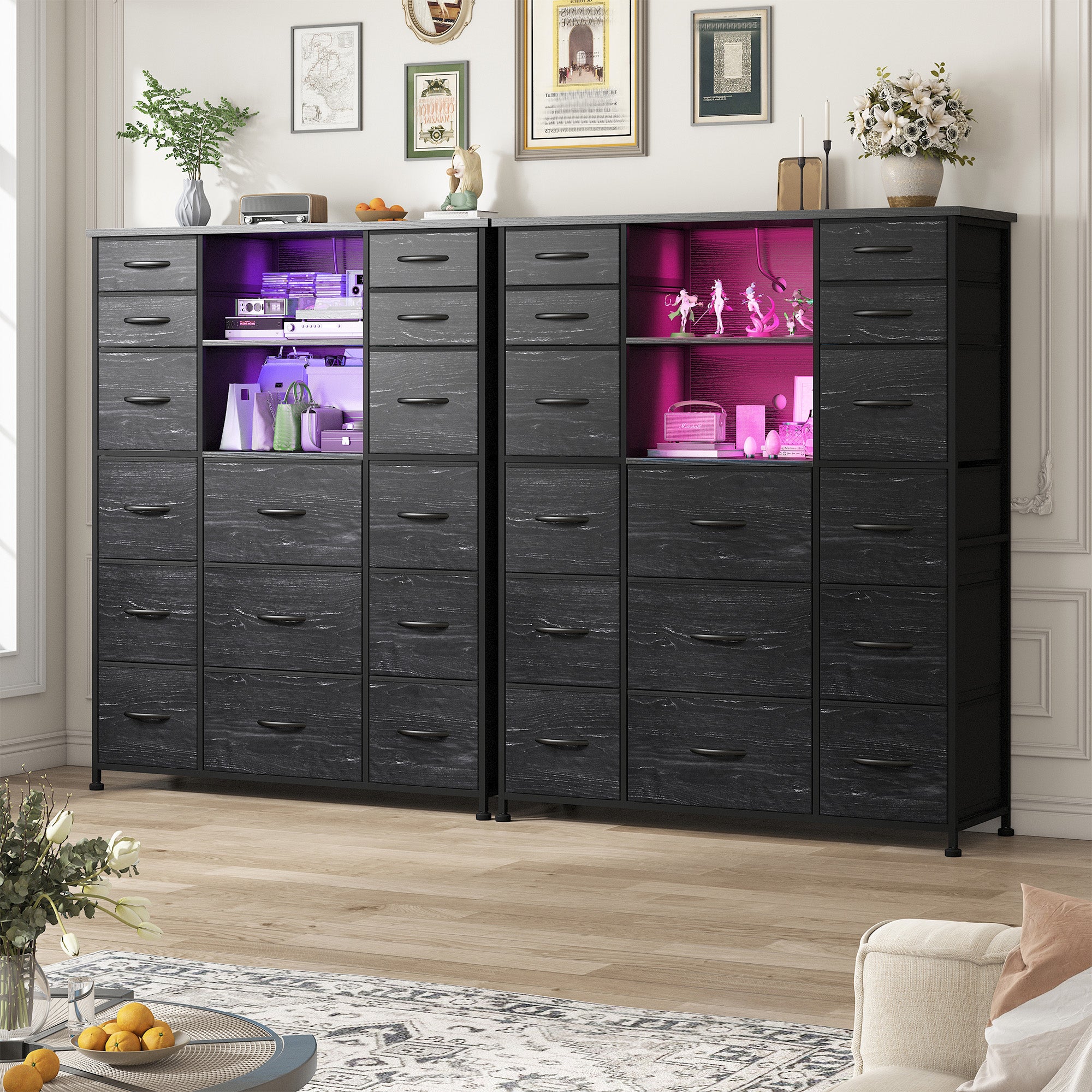 51" Tall Dresser with 15 Drawers & Charging Station | LED Lighting & Built-in Hutch | Steel Frame & Wood Top Bedroom Storage-Black-snhomee