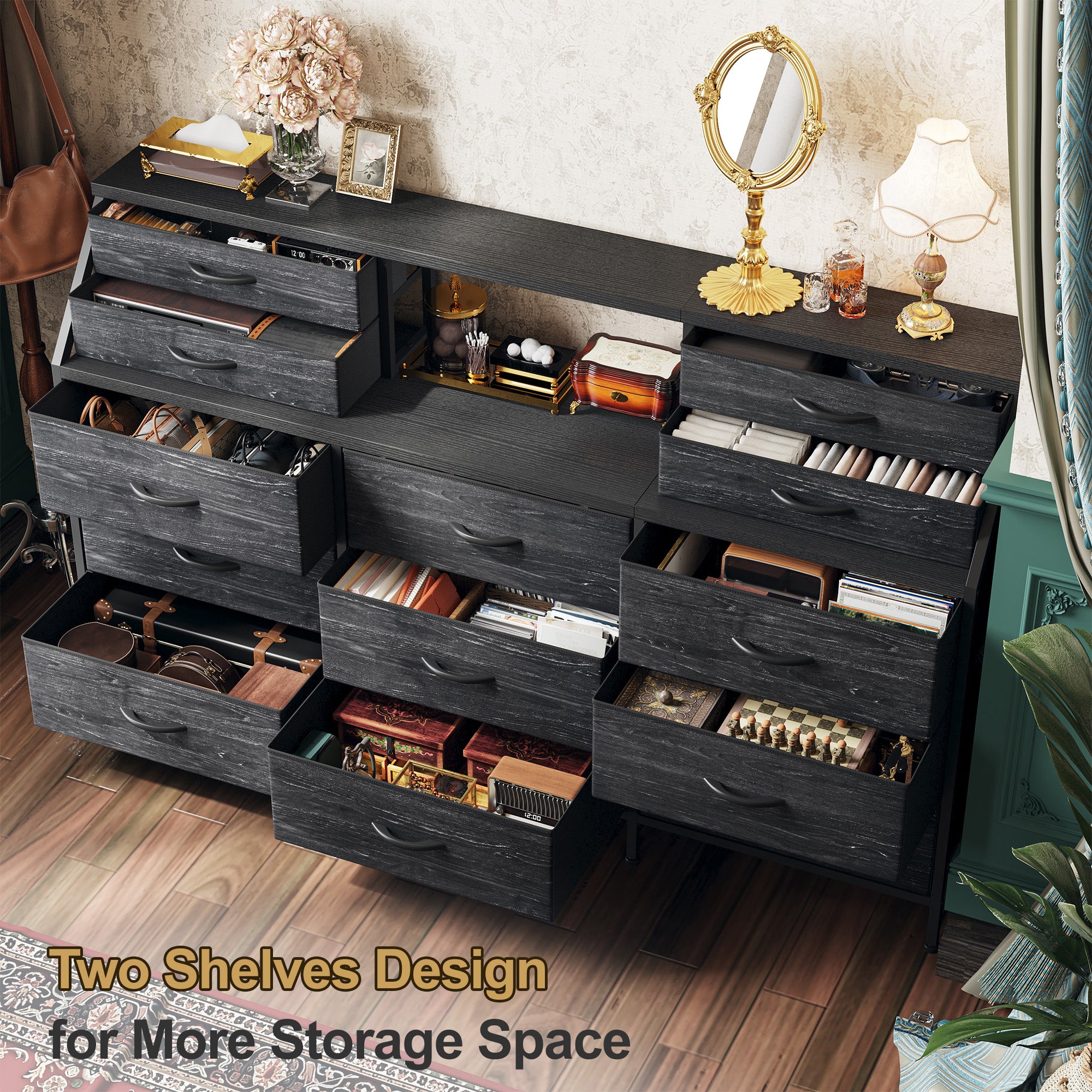 Girls Dresser Organizer: 55"W Dresser with 13 Fabric Drawers and 2 Open Shelves, Metal Frame & Wooden Top for Bedroom/Closet