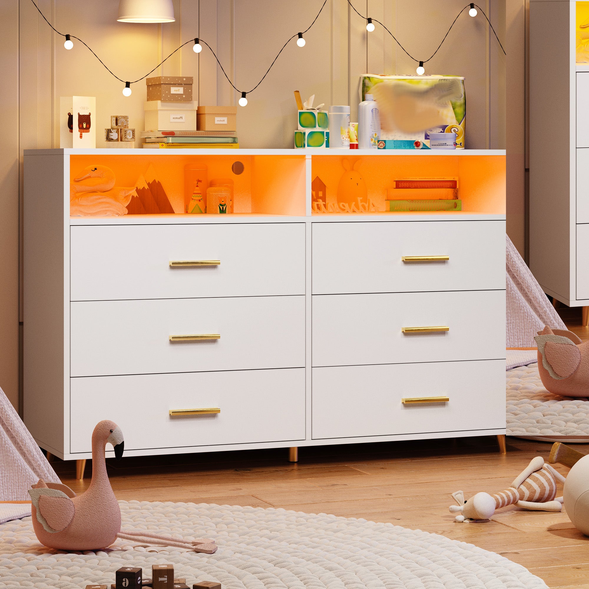 6 Drawers Dresser with LED Lights, Large TV Stand, 2 Open Shelves Top, 47"W Modern Chest with Anti-Tip Safety for Bedroom, Living Room & Small Spaces