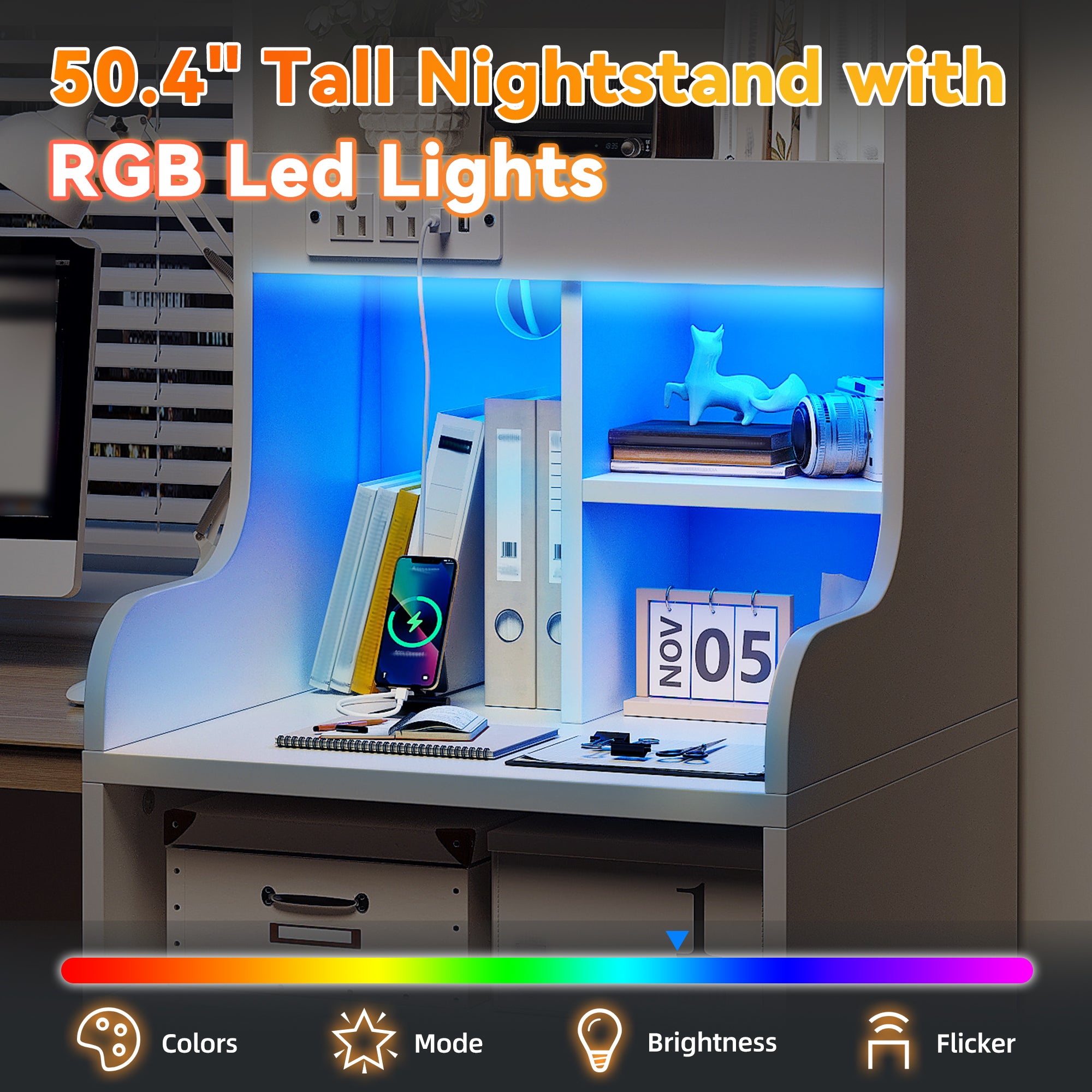 Tall White LED Nightstand with USB Charging Station & Outlets | 2 Drawers & Open Shelves Farmhouse Style Bedside Table | Wood & Metal Frame-White-snhomee