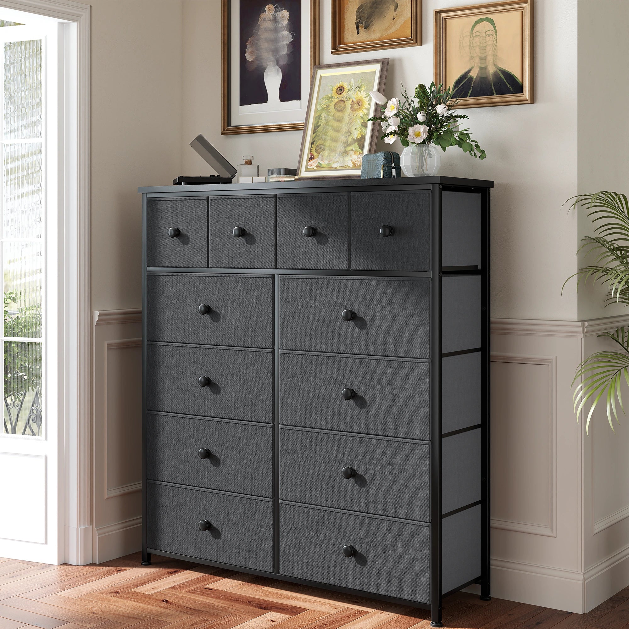 Snhomee 12-Drawer Tall Dresser for Bedroom  - Fabric & Metal Storage Organizer with Wood Top, Anti-Tip Design, Space-Saving, Closet, Entryway, Dorm Furniture, Back to school