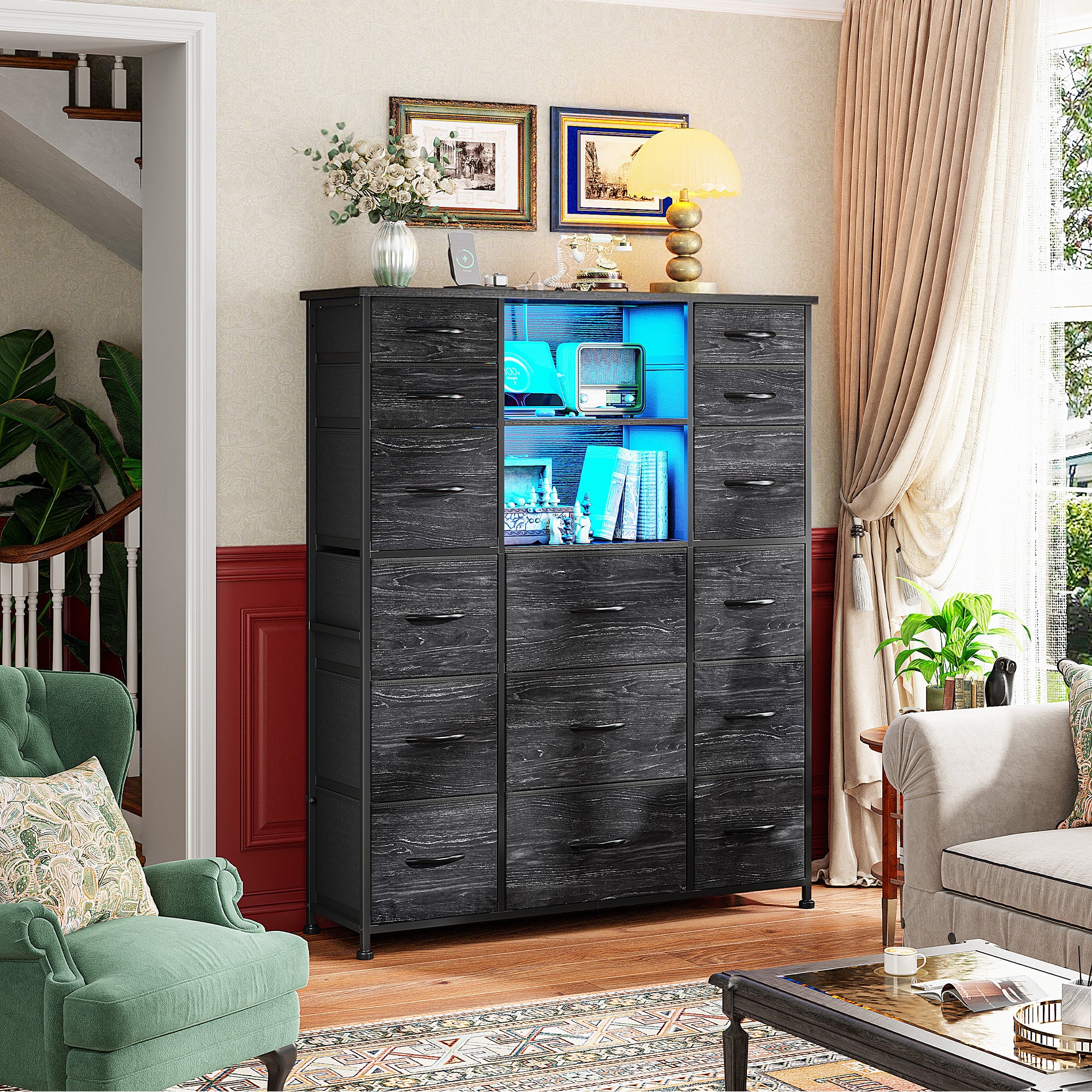 15-Drawer Smart Dresser with Charging Station & LED Lights - 51" Tall Fabric Storage Organizer, Steel Frame, Wood Shelves | No Assembly Hassle, Anti-Tip Safety, for Bedroom, Closet, Hallway