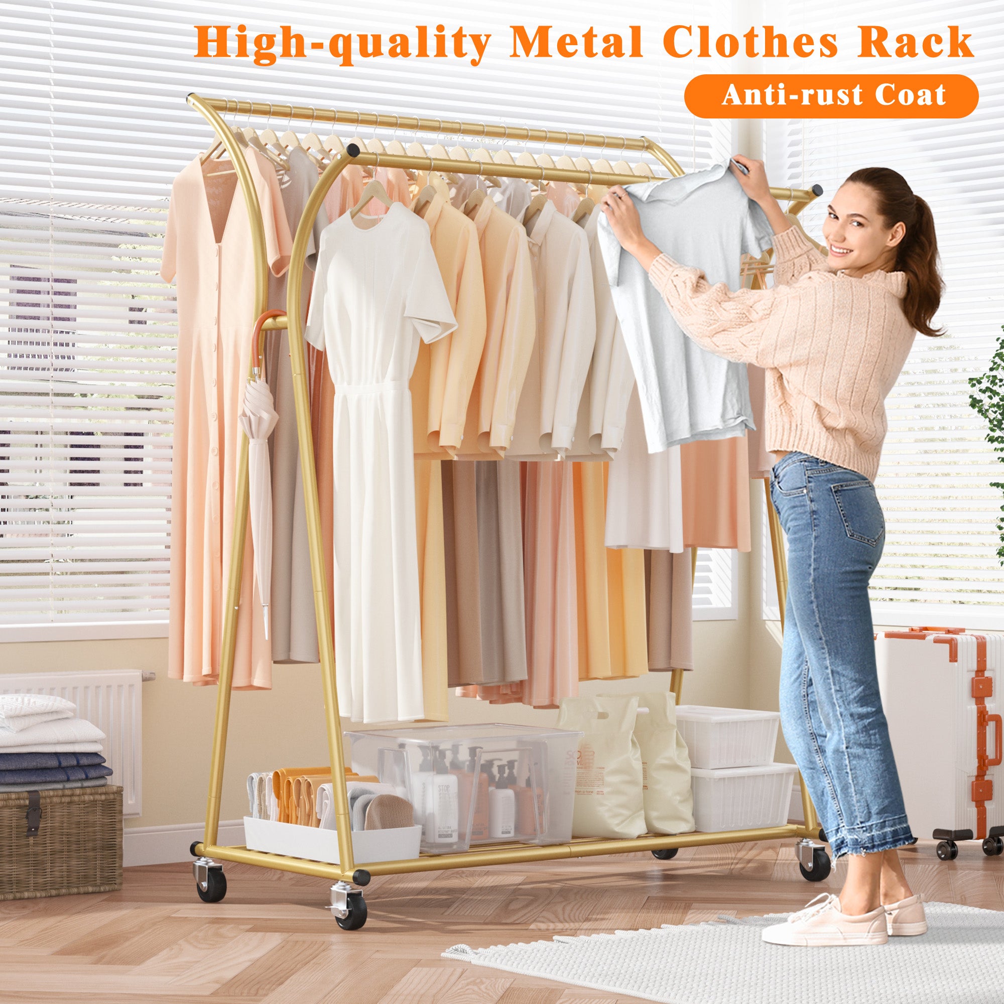 Double-Rod Clothing Rack with Wheels, Rust-Resistant Clothes Rack with Bottom Shelf & Curved Supports for Long Coats