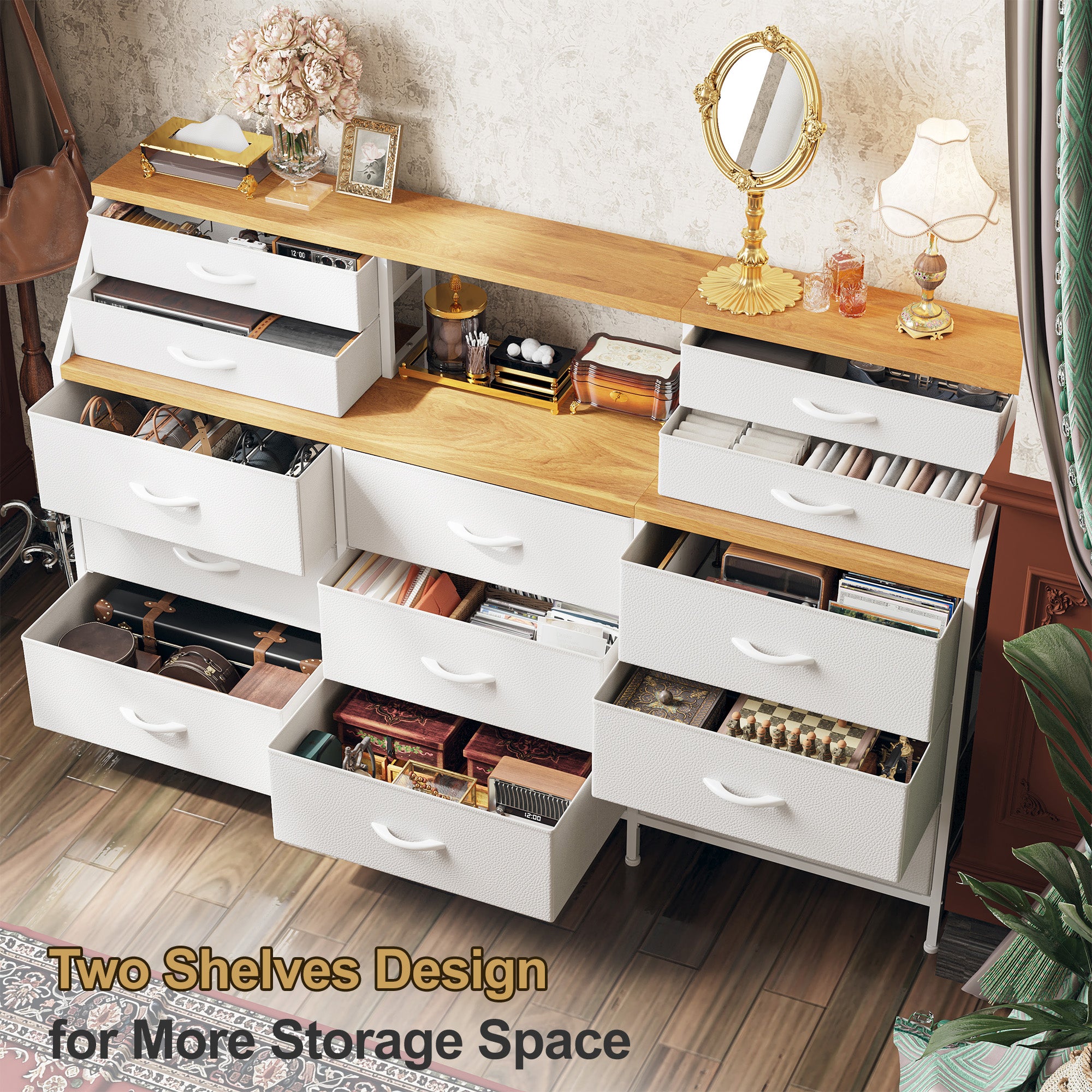 Girls Dresser Organizer: 55"W Dresser with 13 Fabric Drawers and 2 Open Shelves, Metal Frame & Wooden Top for Bedroom/Closet