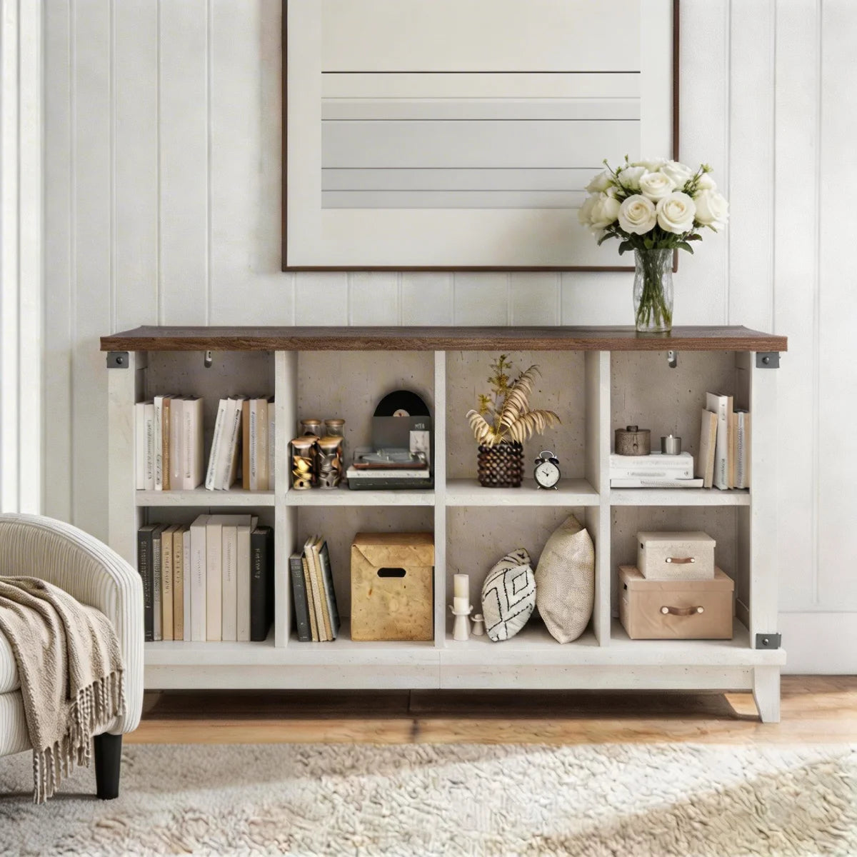 Snhomee 8 Cube Farmhouse Bookshelf, 2-Tier Wooden Cube Storage Organizer, Heavy-Duty Storage Shelf for Living Room, Bedroom & Entryway