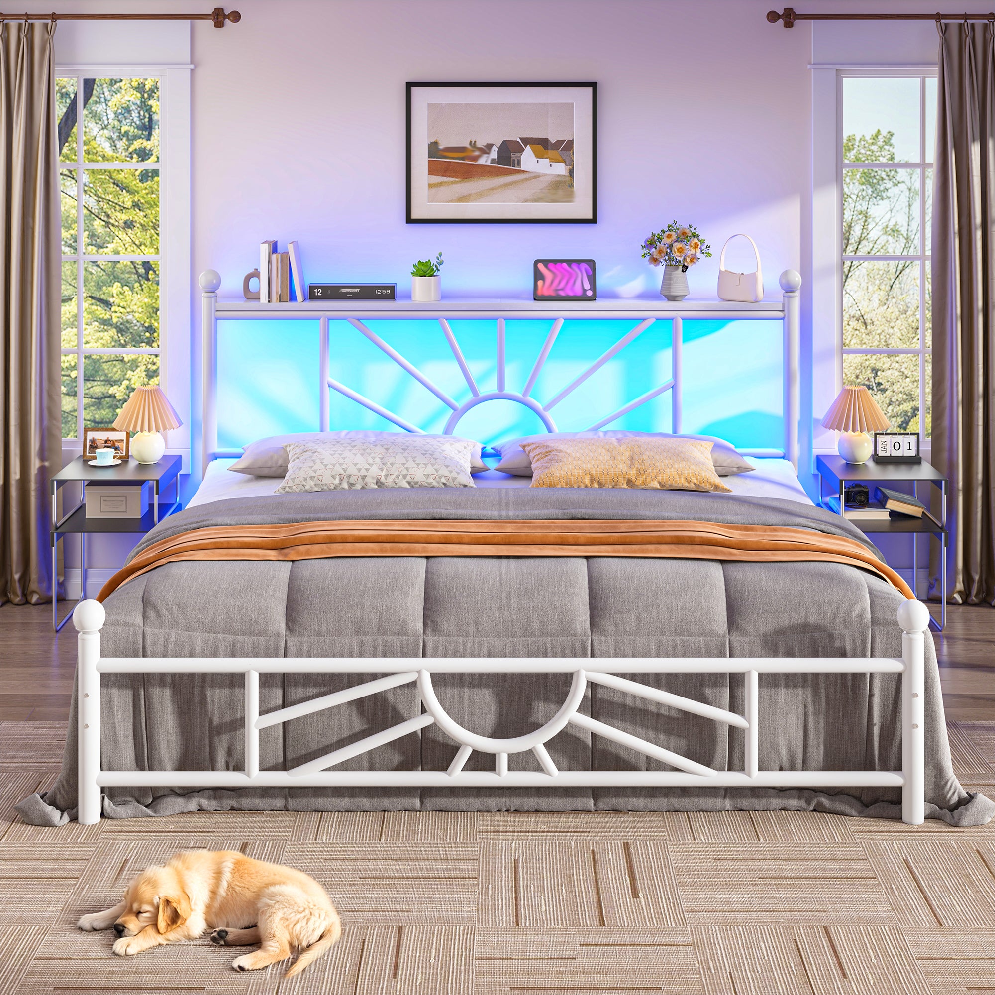 Snhomee Metal Bed Frame with LED Lights Under Headboard&Footboard - 1300LBS Capacity, Underbed Storage, No Box Spring Needed, Noise-Free Design, Back to School Beds Best Choice
