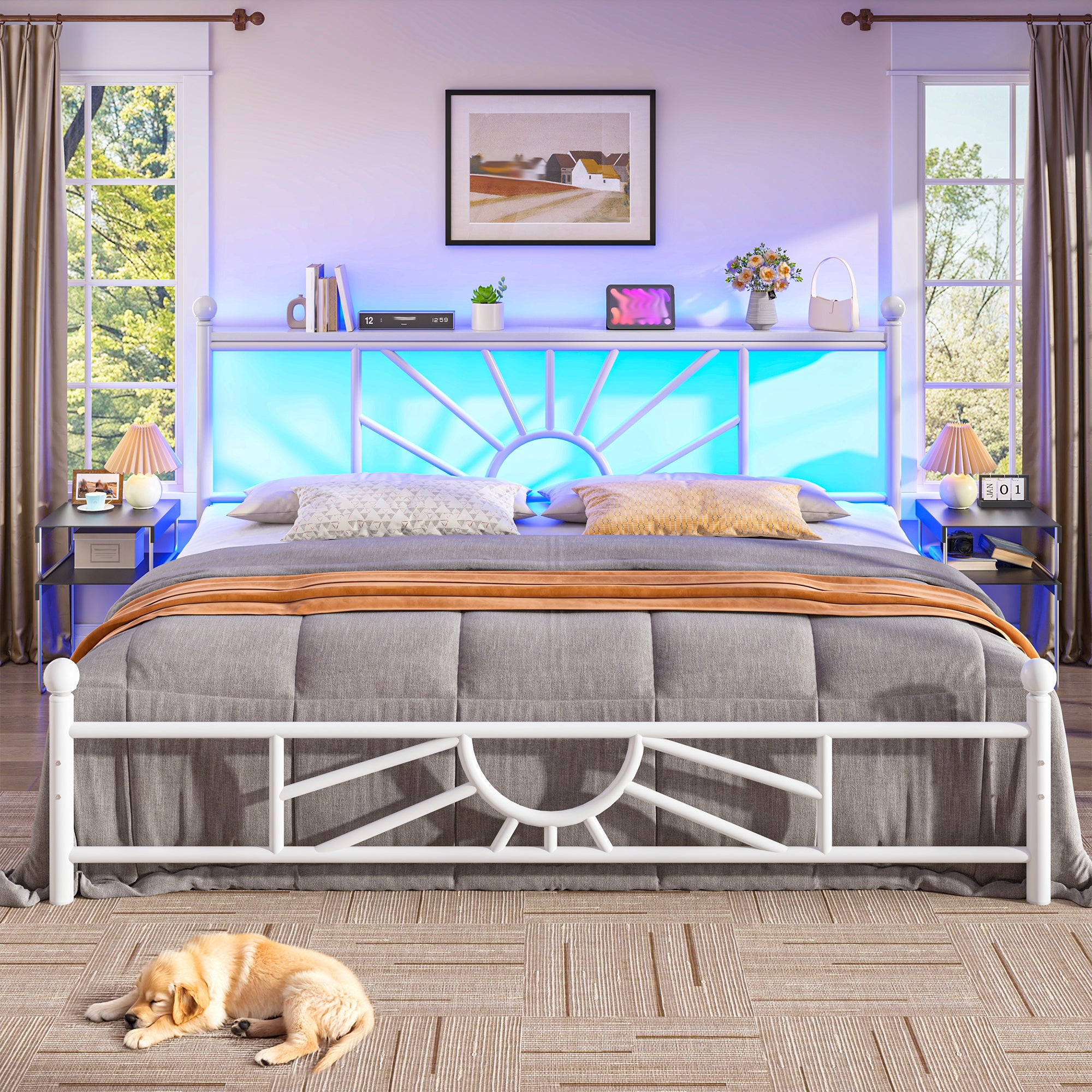 Snhomee Metal Bed Frame with LED Lights Under Headboard&Footboard - 1300LBS Capacity, Underbed Storage, No Box Spring Needed, Noise-Free Design, Back to School Beds Best Choice