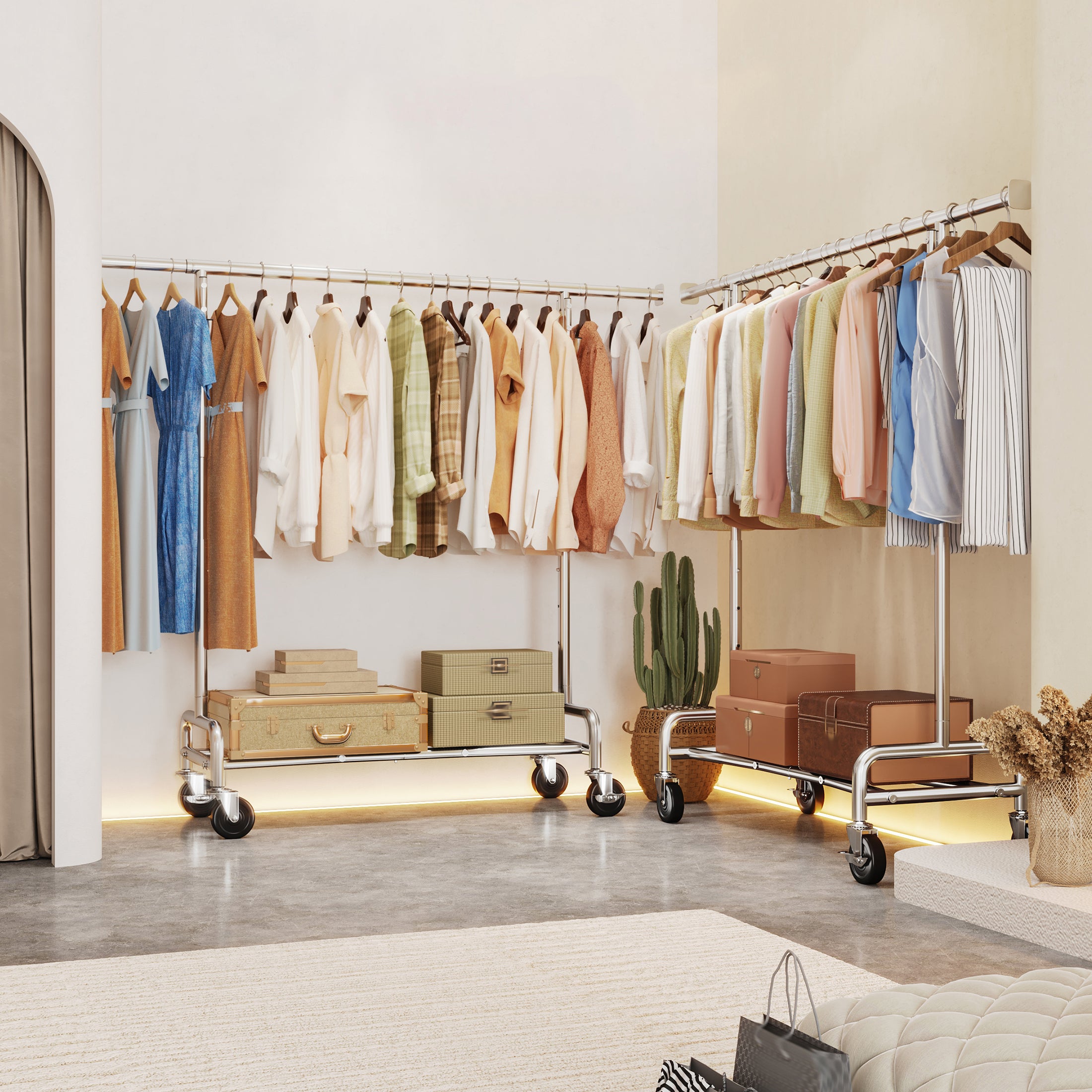 Rolling Clothes Rack with Shelf, Adjustable Clothes Rack with Bottom Shelf & 4 Hooks for Hanging