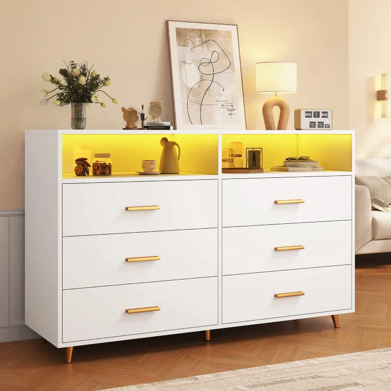 47"W Double Black Wooden Dresser with 6 Drawers & LED lights for Bedroom