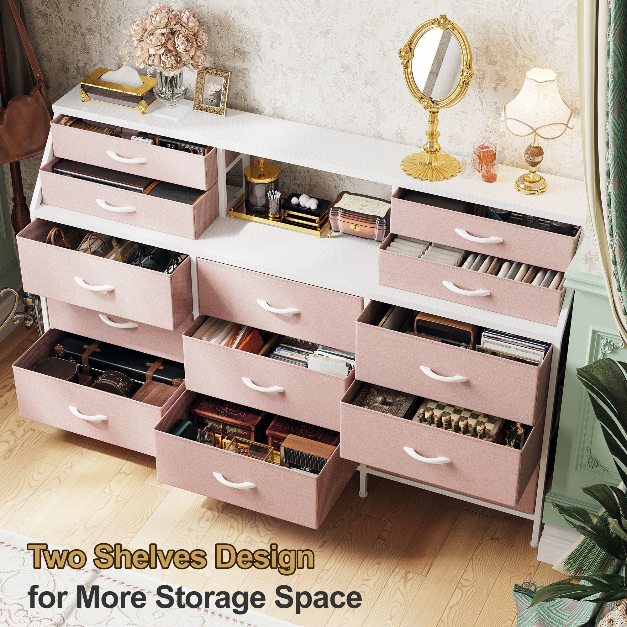 Girls Dresser Organizer: 55"W Dresser with 13 Fabric Drawers and 2 Open Shelves, Metal Frame & Wooden Top for Bedroom/Closet