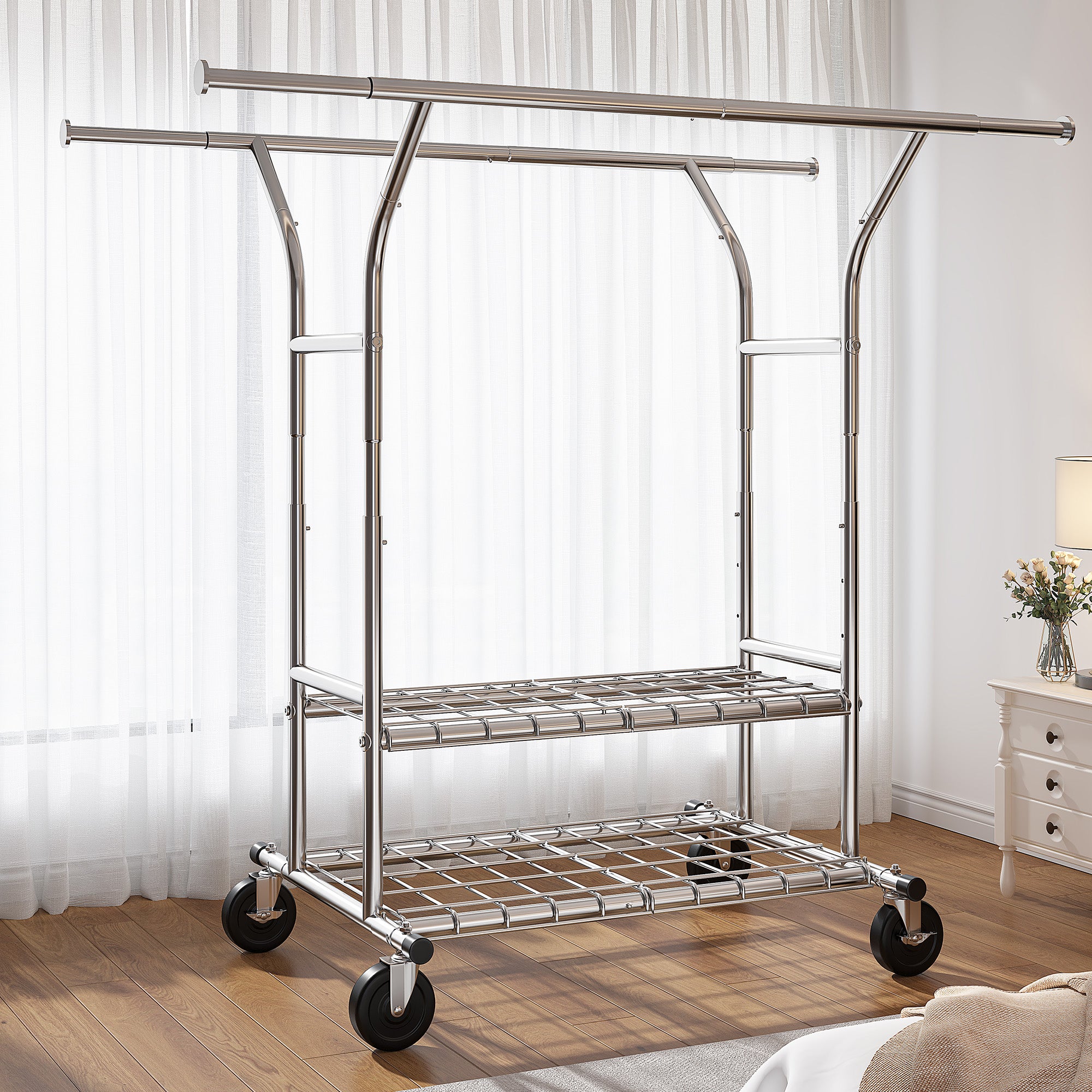 Snhomee 630 LBS Heavy Duty Expandable Metal Clothes Rack with 2 Shelves & Lockable 360° Wheels, Snap-Fit Assembly for Bedroom Laundry Room