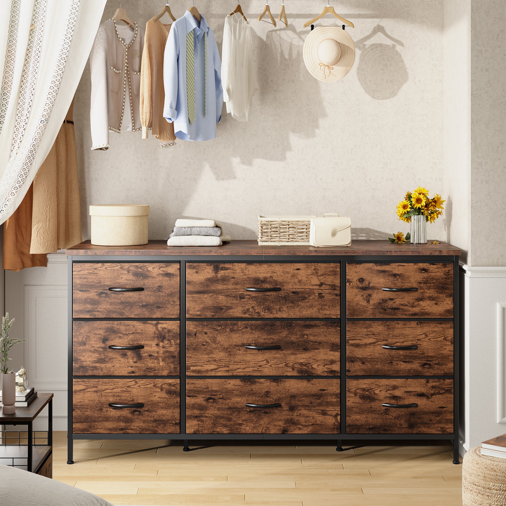 Snhomee Dresser TV Stand with 9 Drawers, Sturdy Metal Frame & Wood Top, Bedroom, Living Room, Hallway, Dorm room essentials, Back to school TV Stand Drawers