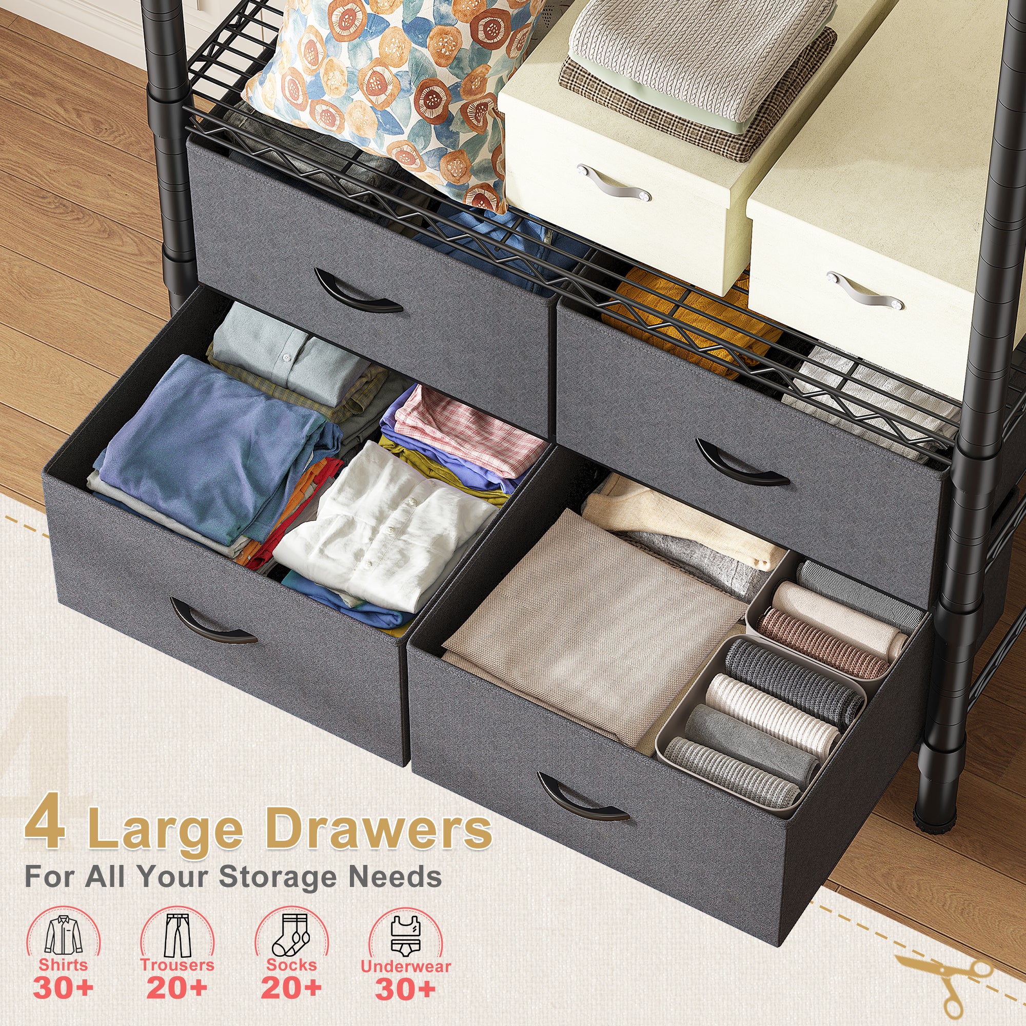 Snhomee Portable Clothes Rack with 4 Drawers Metal Clothing Garment Rack, Freestanding/Rolling-Home Storage > Clothes Rack-Black Rolling Rack-snhomee