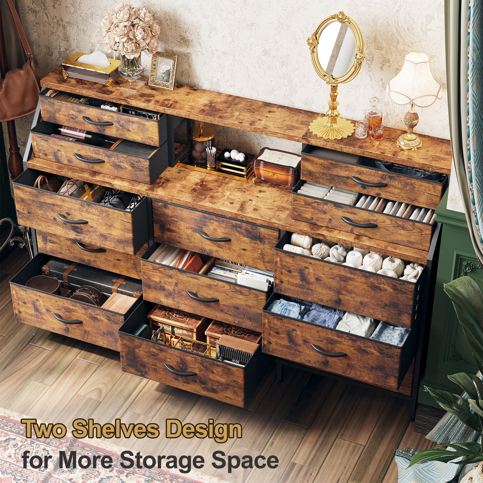 Girls Dresser Organizer: 55"W Dresser with 13 Fabric Drawers and 2 Open Shelves, Metal Frame & Wooden Top for Bedroom/Closet
