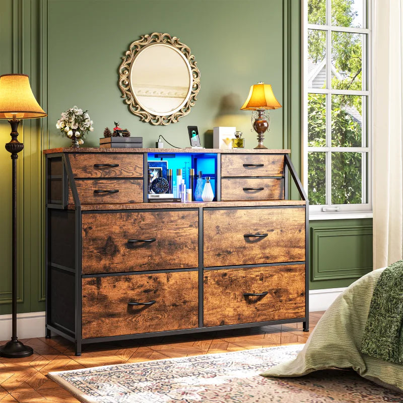 Snhomee 8-Drawer Dresser with LED Lights and Built-in Charging Station, Durable Storage Chest with Open Shelves for Bedroom, Living Room, or Hallway