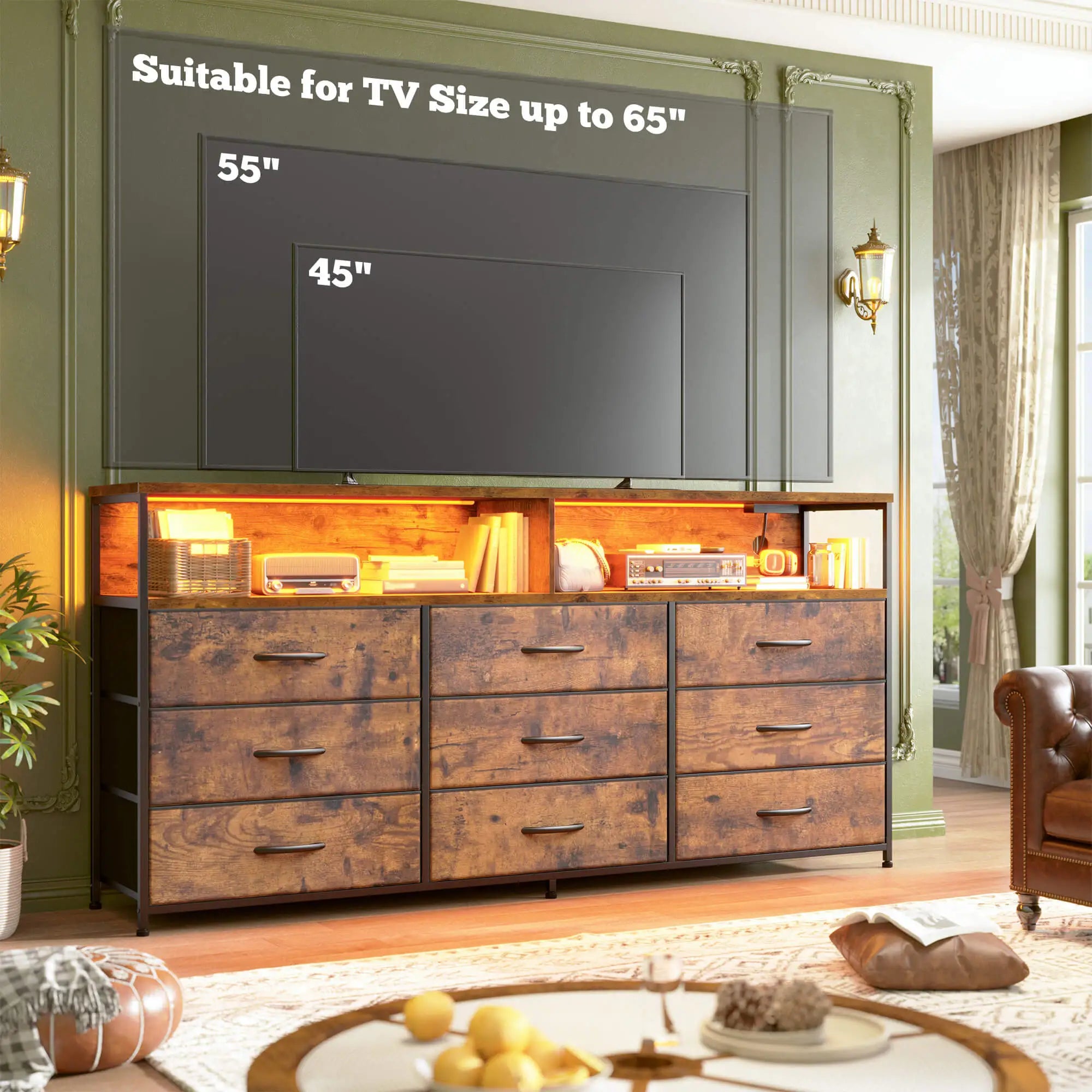 Snhomee Dresser TV Stand with 9 Drawers & Charging Station– 55" Wide Media Console LED lights & Wood Shelves for Bedroom, Living Room, or Dorm