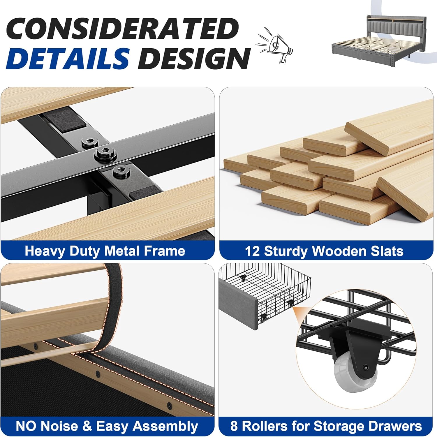 Metal Bed Frame with 2 Storage Drawers & Headboard - 900LBS Capacity, No Noise Design, Padded Platform, No Box Spring Needed, Back to School Beds On Sale