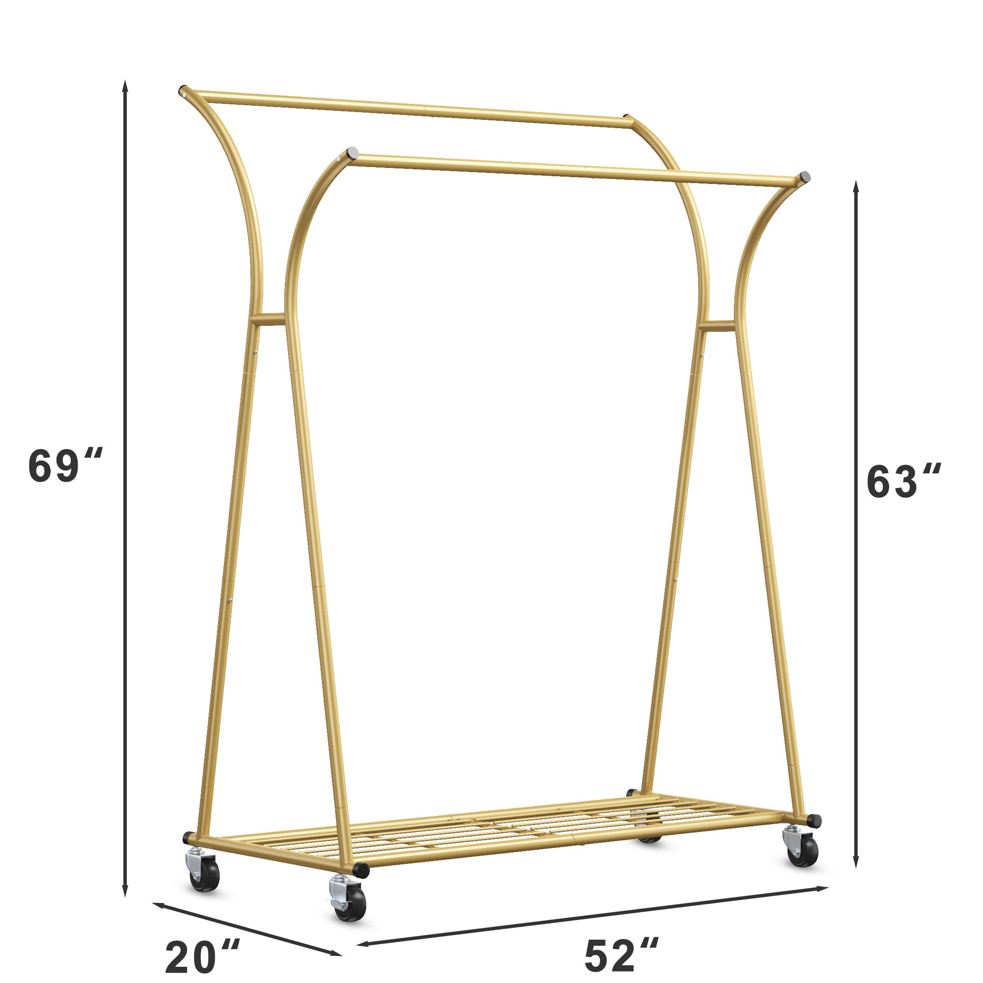 Double Rod Clothes Hanger Rack, Metal Rolling Clothing Rack With Wheels, 52"W x 20"D x (63"-69")H, Gold/Black-Gold-snhomee