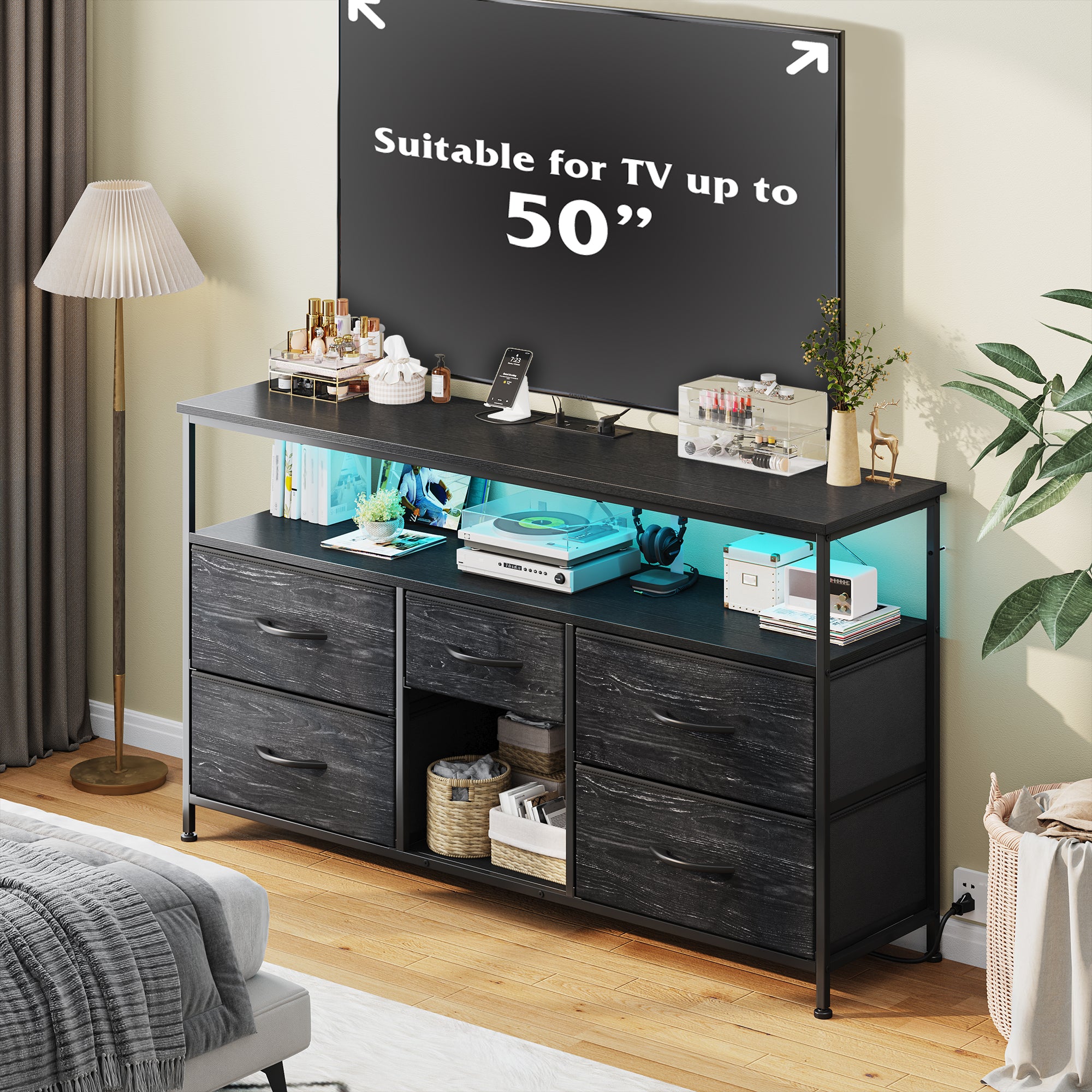 50" LED TV Stand with 5 Drawers & Outlets | Metal Dresser for Bedroom/Living Room-Rustic Brown-snhomee
