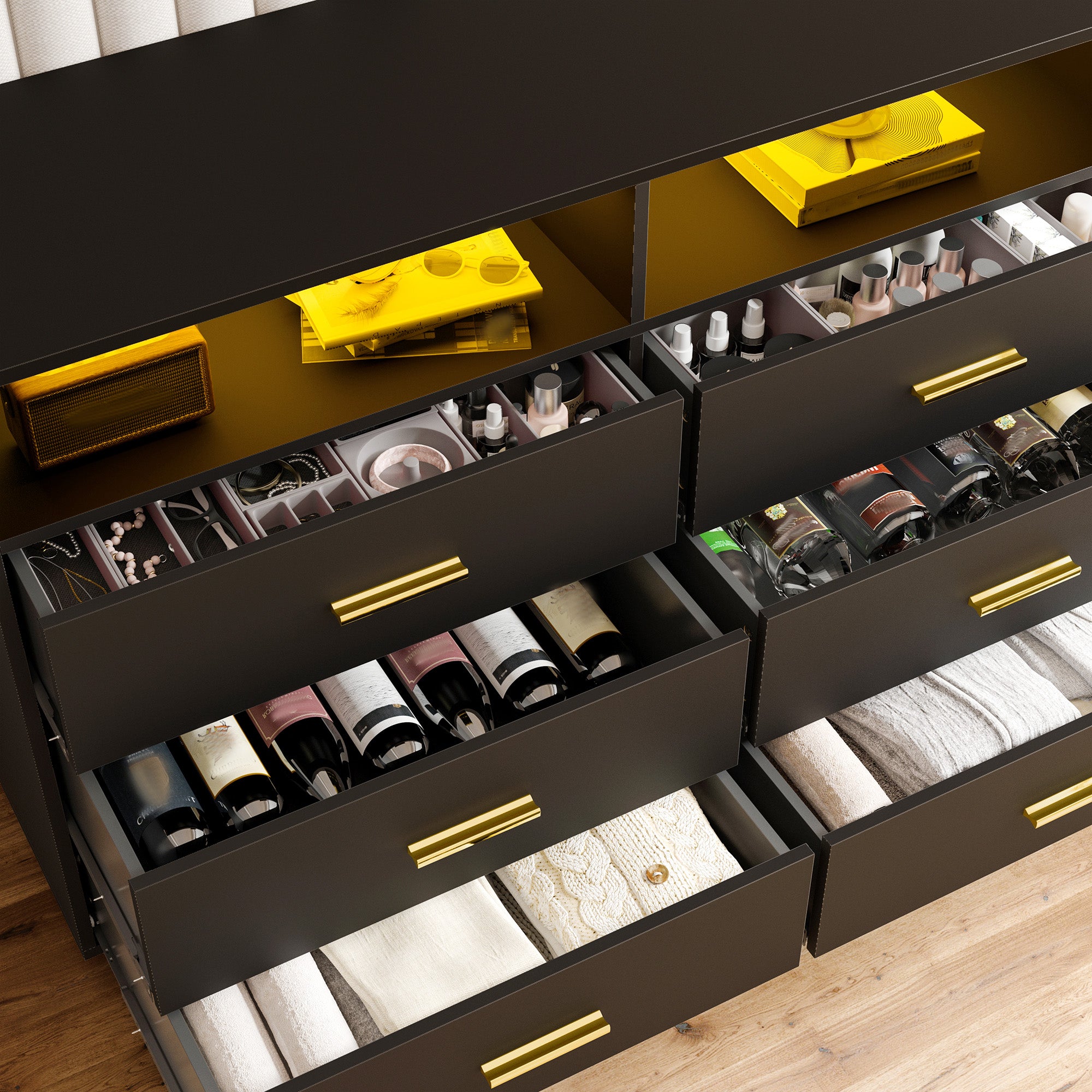 6 Drawers Dresser with LED Lights, Large TV Stand, 2 Open Shelves Top, 47"W Modern Chest with Anti-Tip Safety for Bedroom, Living Room & Small Spaces