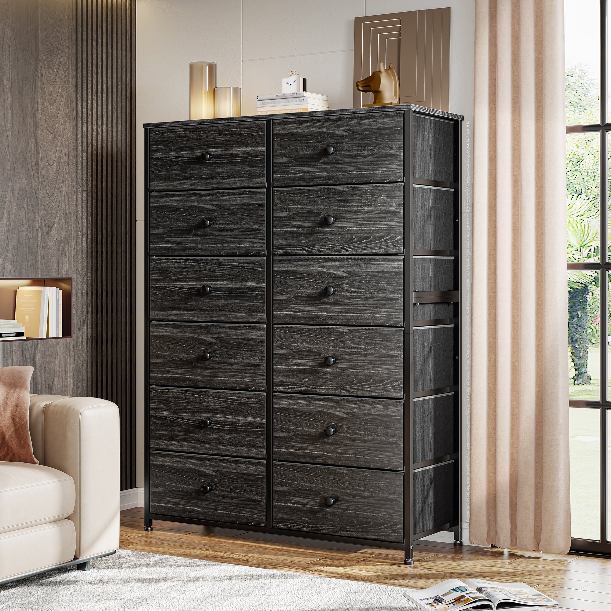 Snhomee Dresser for Bedroom with 12 Drawers, Large Storage Organizer Chest, Large Fabric Dressers & Chest of Drawers with Sturdy Metal Frame, Wood Top, Closet, Entryway, Hallway