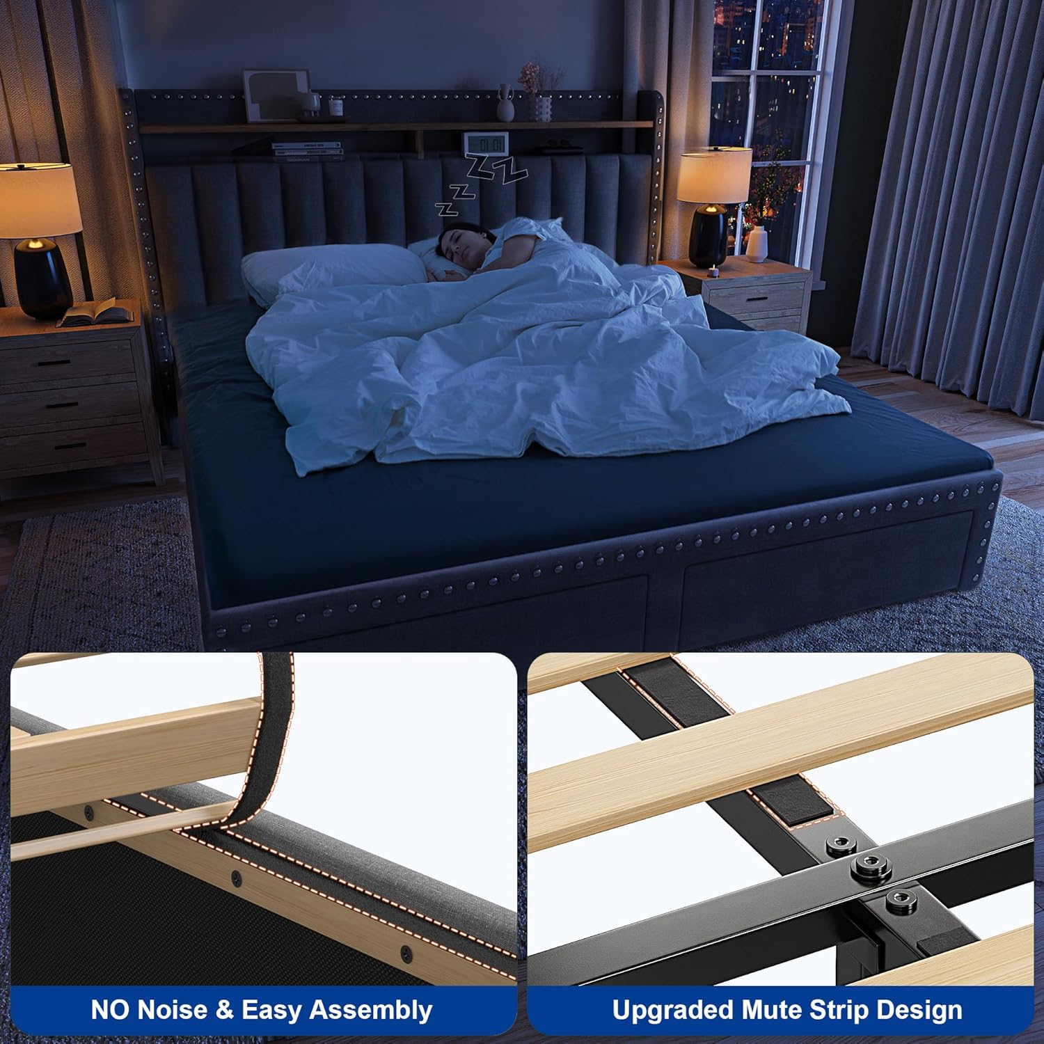 Metal Bed Frame with 2 Storage Drawers & Headboard - 900LBS Capacity, No Noise Design, Padded Platform, No Box Spring Needed, Back to School Beds On Sale