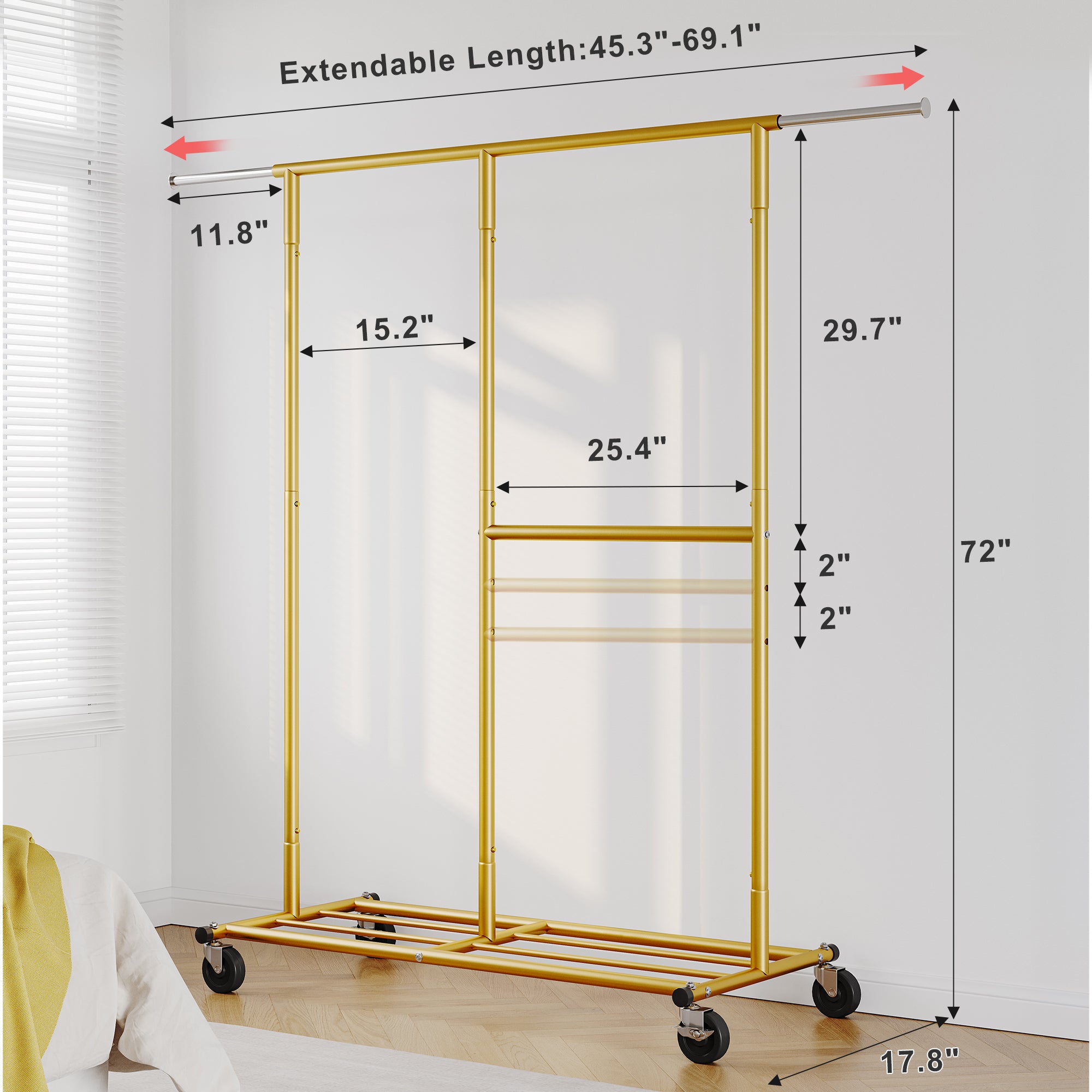 Snhomee 450 lbs Garment Rack with Wheels, Commercial Clothes Rack for Hanging-Home Storage > Clothes Rack-Gold-(45.3"-69.1")W x 17.8"D x 72"H-snhomee