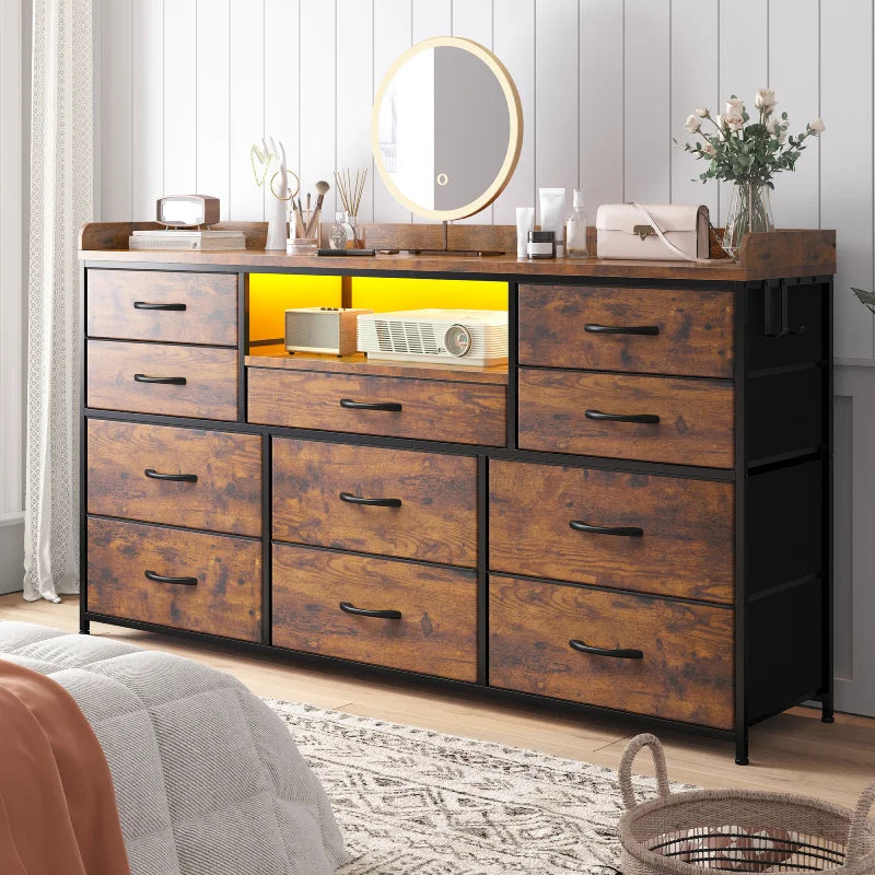 Snhomee ‌60" Dresser TV Stand w/11 Drawers | LED Lights, Power Outlets & Hooks | Sturdy Metal Frame & Wood Top