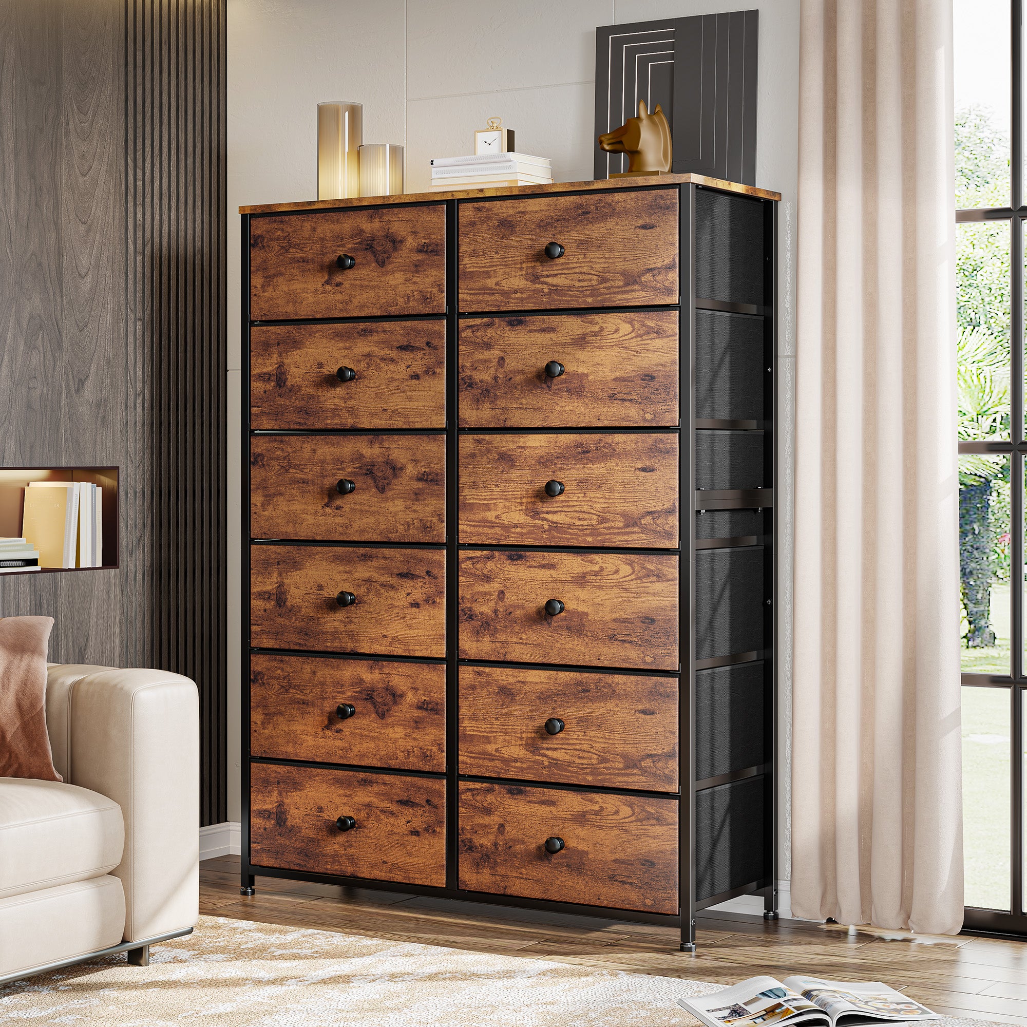 Snhomee Dresser for Bedroom with 12 Drawers, Large Storage Organizer Chest, Large Fabric Dressers & Chest of Drawers with Sturdy Metal Frame, Wood Top, Closet, Entryway, Hallway