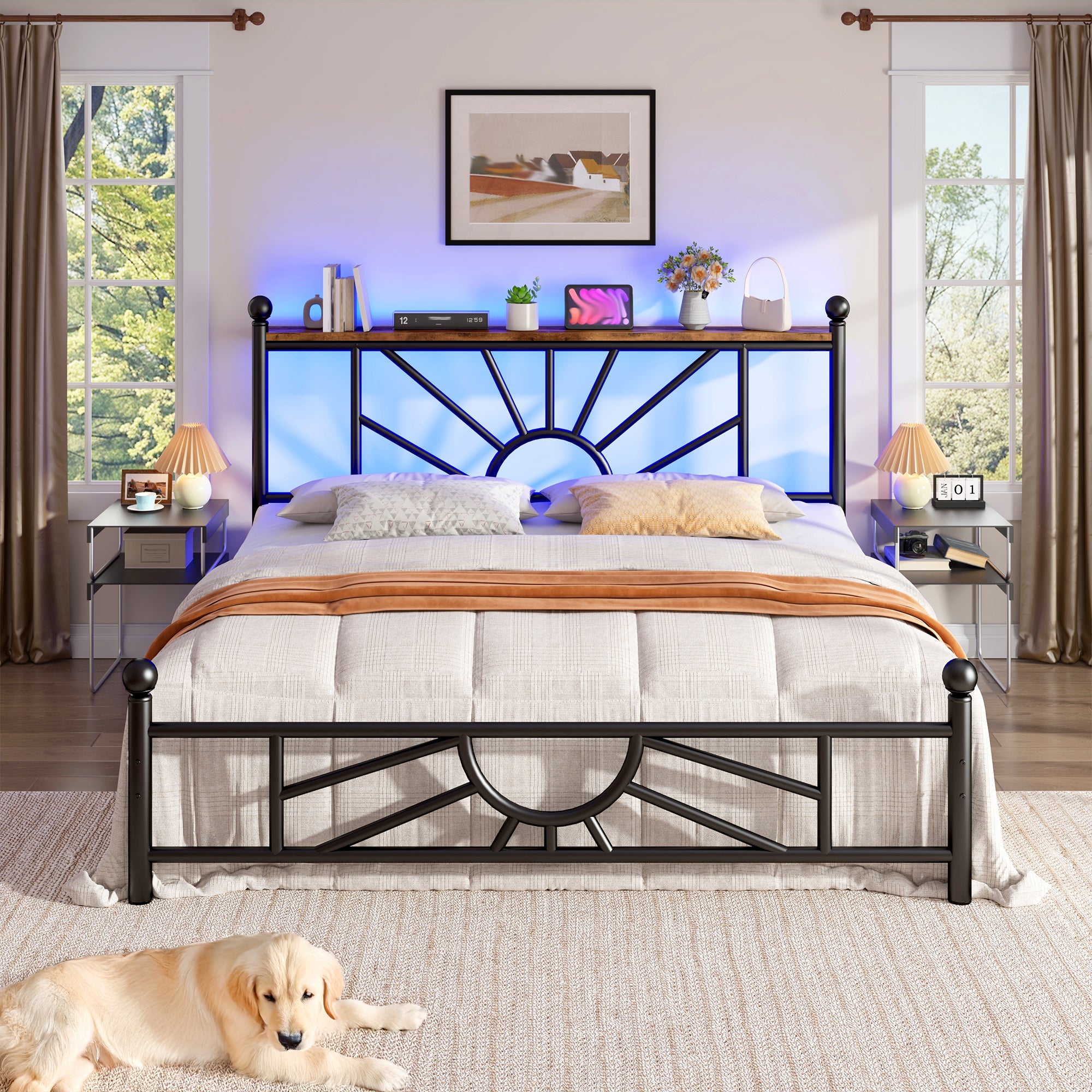 Snhomee Metal Bed Frame with LED Lights Under Headboard&Footboard - 1300LBS Capacity, Underbed Storage, No Box Spring Needed, Noise-Free Design, Back to School Beds Best Choice