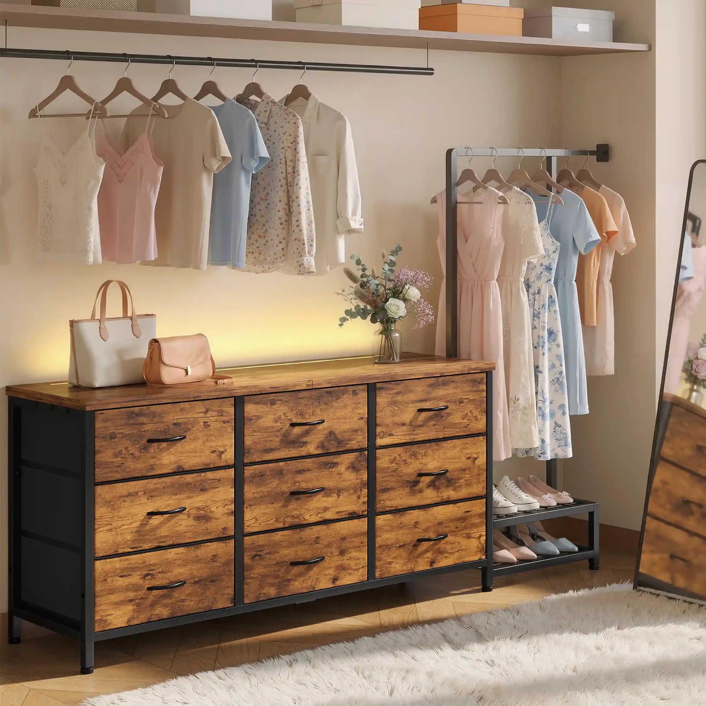 dresser with hanging rack Garvee 4 Drawer LED Lights Charging Station For Bedroom Living Room White Large Storage Organizer offering ample room for clothing 9-Drawers Dresser with Hanging Rack,