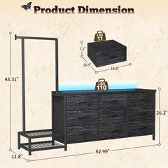 9-Drawer Fabric Dresser with Hanging Rack & Extendable Garment Rod,Bedroom Dresser with LED Lights,Storage Chest of Drawers for Bedroom