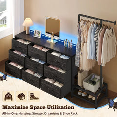 9-Drawer Fabric Dresser with Hanging Rack & Extendable Garment Rod,Bedroom Dresser with LED Lights,Storage Chest of Drawers for Bedroom