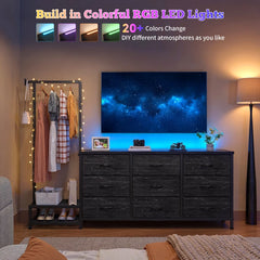 9-Drawer Fabric Dresser with Hanging Rack & Extendable Garment Rod,Bedroom Dresser with LED Lights,Storage Chest of Drawers for Bedroom