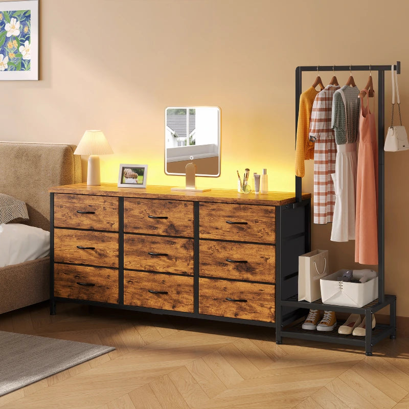 9-Drawer Fabric Dresser with Hanging Rack & Extendable Garment Rod,Bedroom Dresser with LED Lights,Storage Chest of Drawers for Bedroom