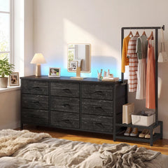 9-Drawer Fabric Dresser with Hanging Rack & Extendable Garment Rod,Bedroom Dresser with LED Lights,Storage Chest of Drawers for Bedroom
