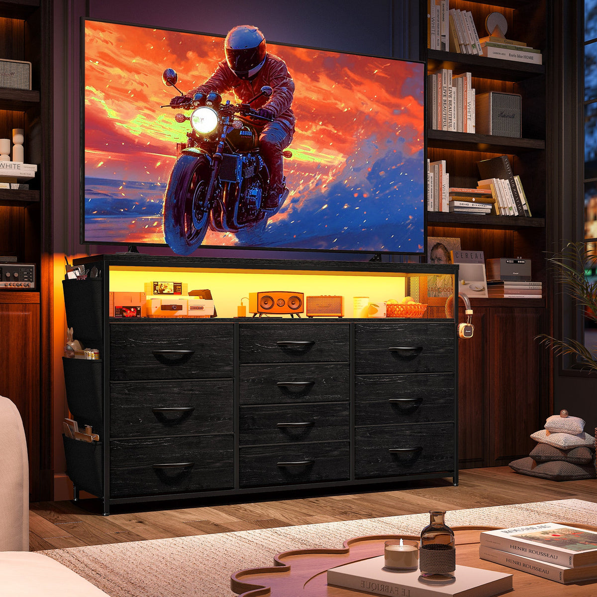 55" Smart TV Stand & Dresser | 10-Drawer Storage with LED Lights & Outlets | Metal/Wood Frame-Black-snhomee