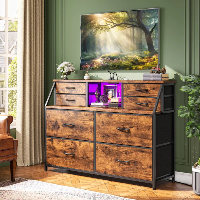 Snhomee 8-Drawer Dresser with LED Lights and Built-in Charging Station, Durable Storage Chest with Open Shelves for Bedroom, Living Room, or Hallway