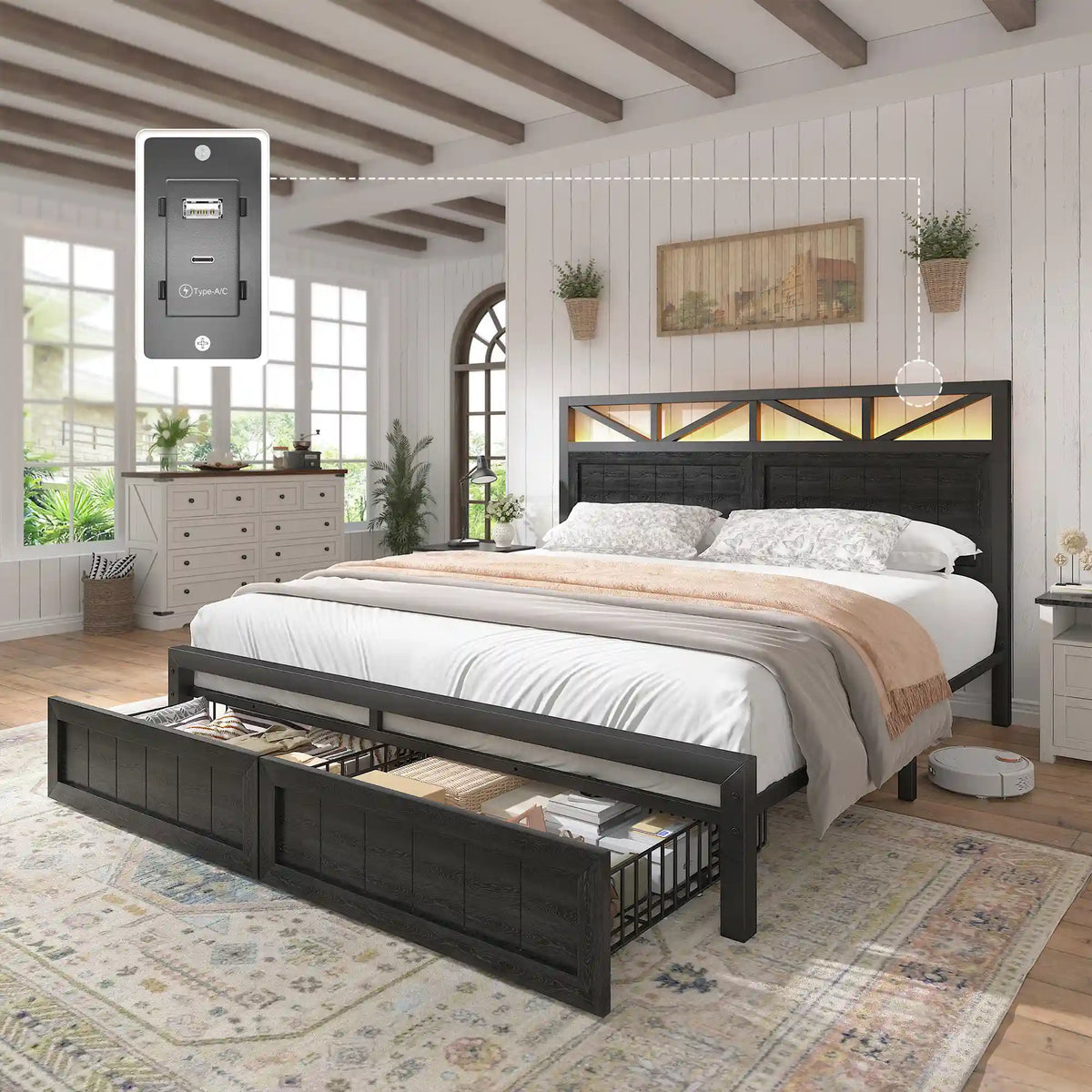 900LBS Bed Frame with 2 Storage Drawers, LED Headboard & Charging Station, Noise-Free, No Box Spring Needed