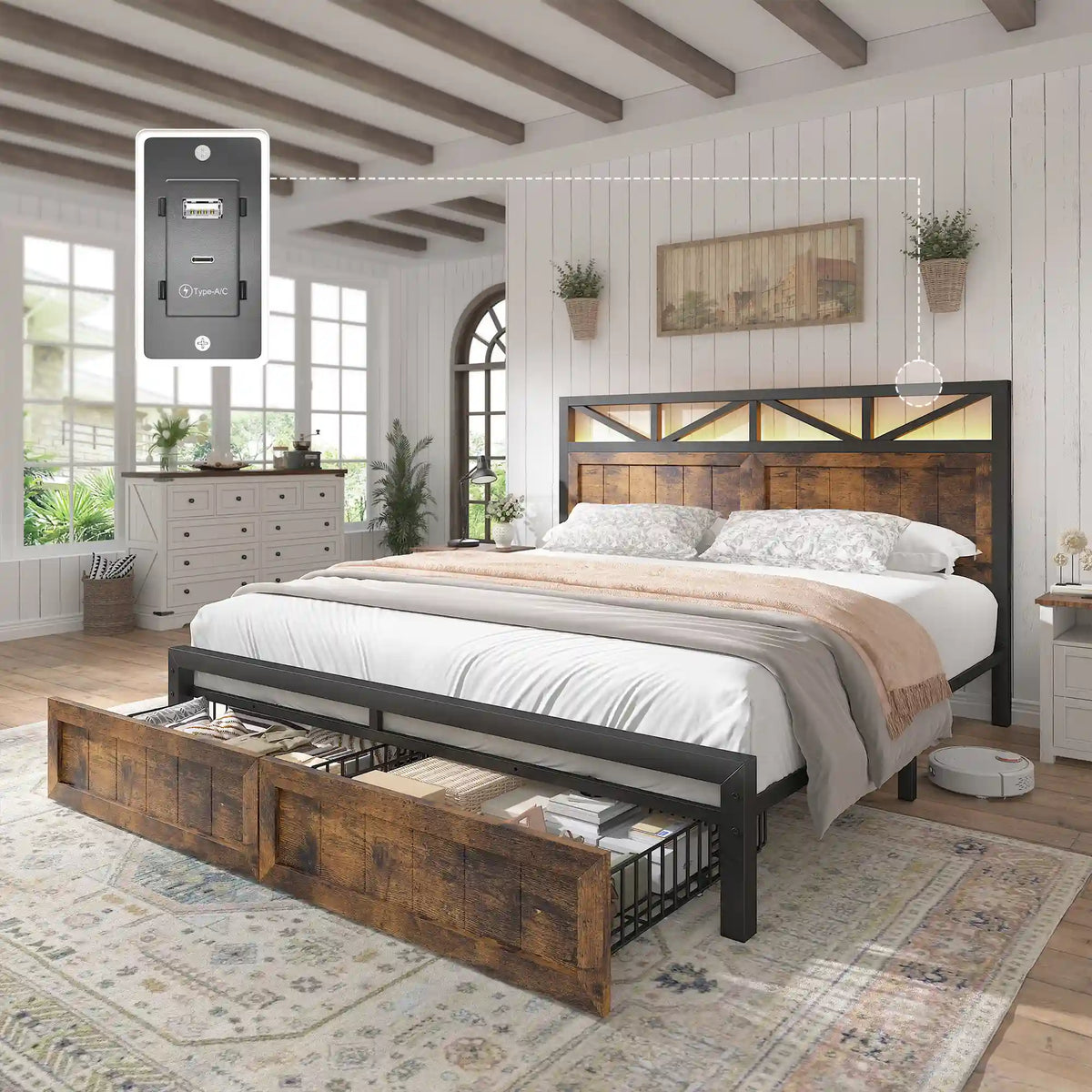 Snhomee 900LBS Bed Frame with 2 Storage Drawers, LED Headboard & Charging Station, Noise-Free, No Box Spring Needed