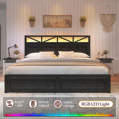 Snhomee 900LBS Bed Frame with 2 Storage Drawers, LED Headboard & Charging Station, Noise-Free, No Box Spring Needed