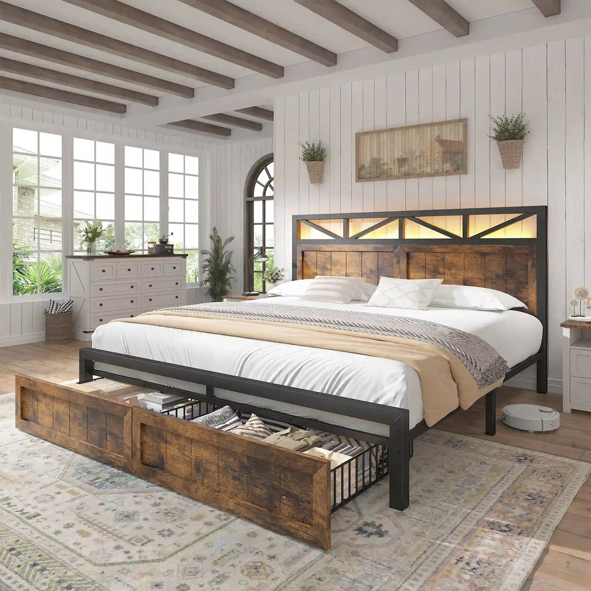 Snhomee 900LBS Bed Frame with 2 Storage Drawers, LED Headboard & Charging Station, Noise-Free, No Box Spring Needed